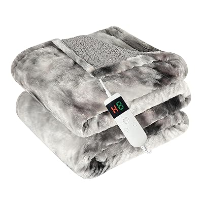 Electric Heated Blanket Throw 50''x60''Size Faux Fur Heating Blanket 10 Heating Settings, 1-8h Timer & Overheat Protection, Machine Washable, Soft Flannel and Sherpa Full Body Warmth