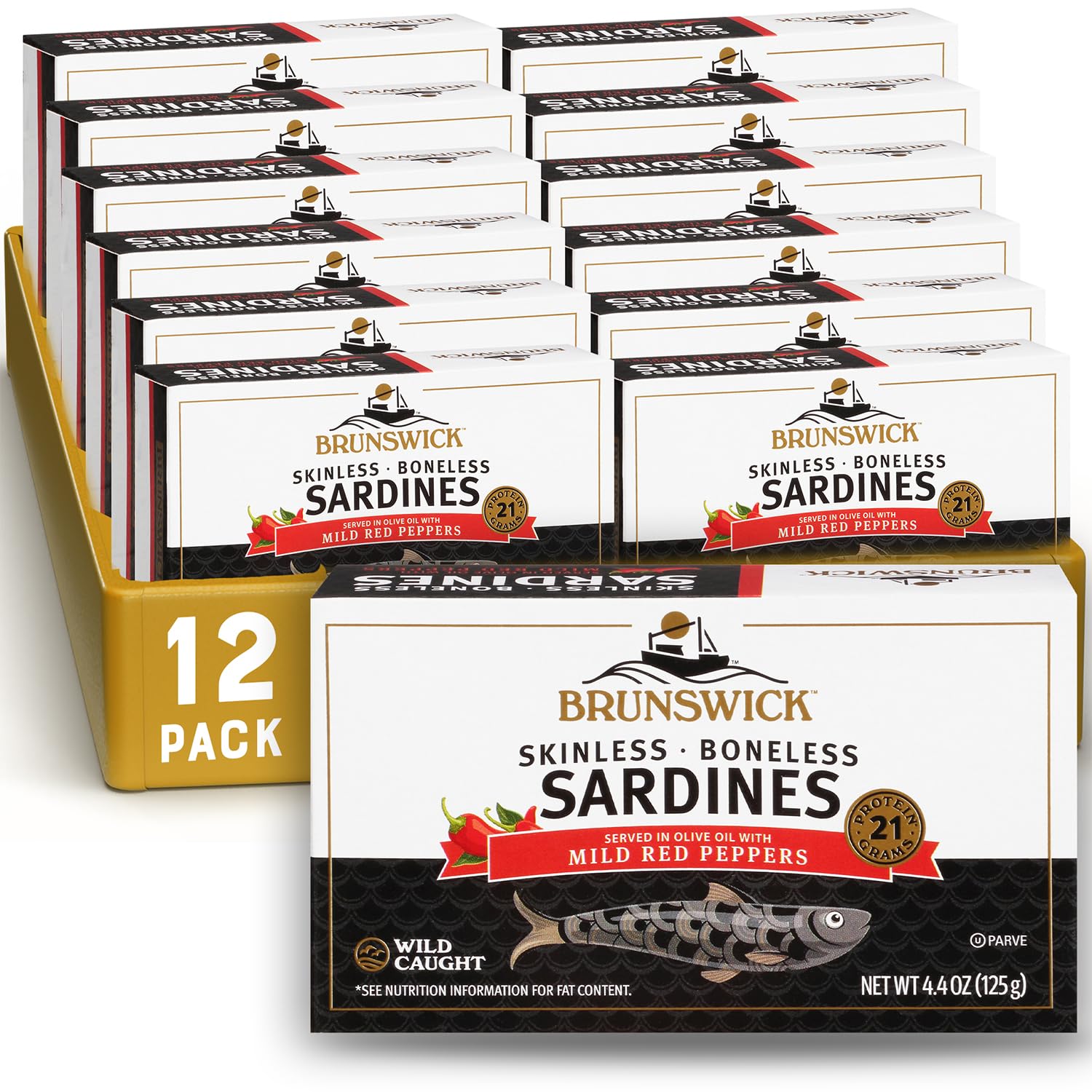 Brunswick Wild Caught Skinless and Boneless Sardines, Served in Olive Oil with Mild Red Peppers, 4.4 Oz (Pack of 12)