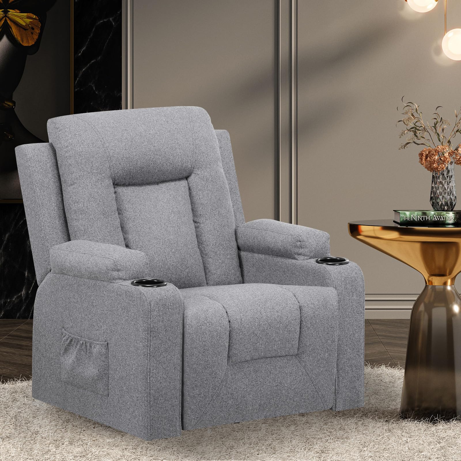 COMHOMA Relaxsessel aus Stoff für Wohnzimmer mit Manuell Verstellbarer Rückenlehne, Ausziehbarer Fußstütze, 360° Drehfunktion, Becherhaltern, Seitentaschen und Ergonomischem Design, Dunkelgrau