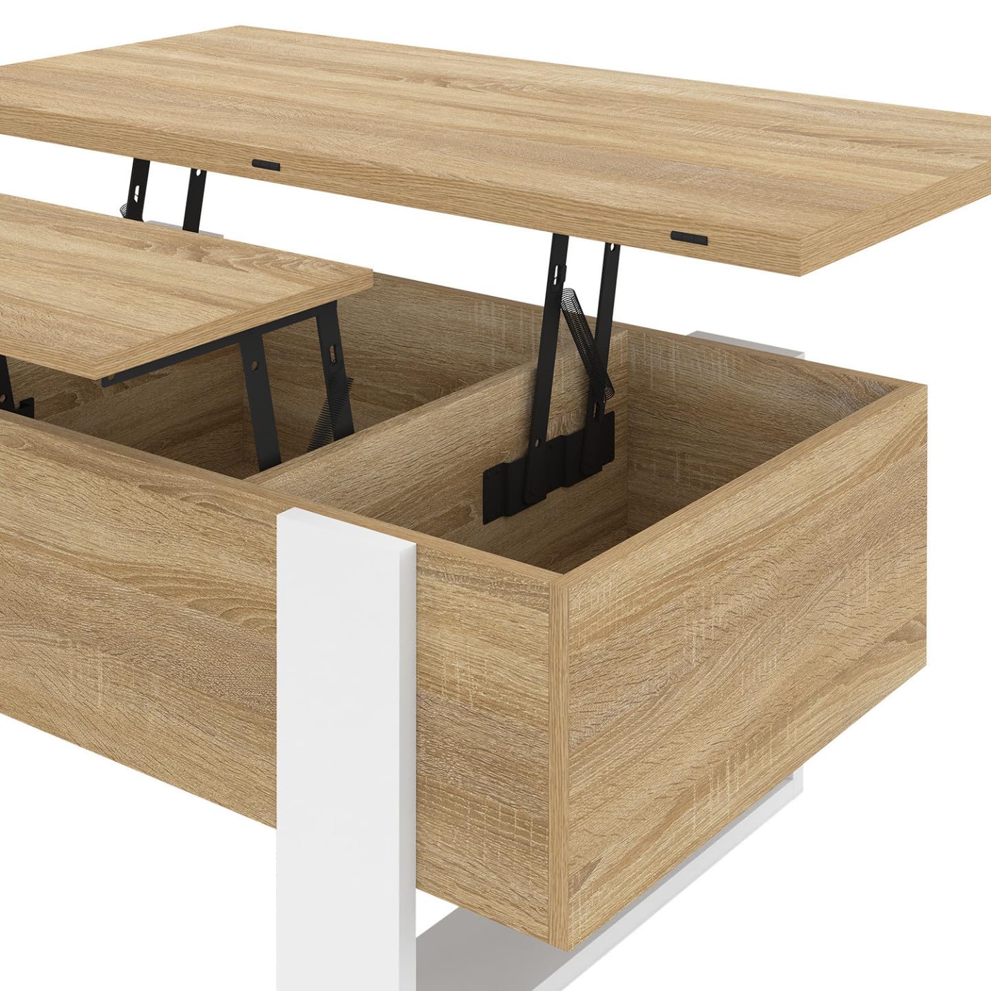 IDMarket – Mesa baja con bandeja elevable rectangular convertible en mesa de comedor Phoenix 97,5 cm madera y blanco