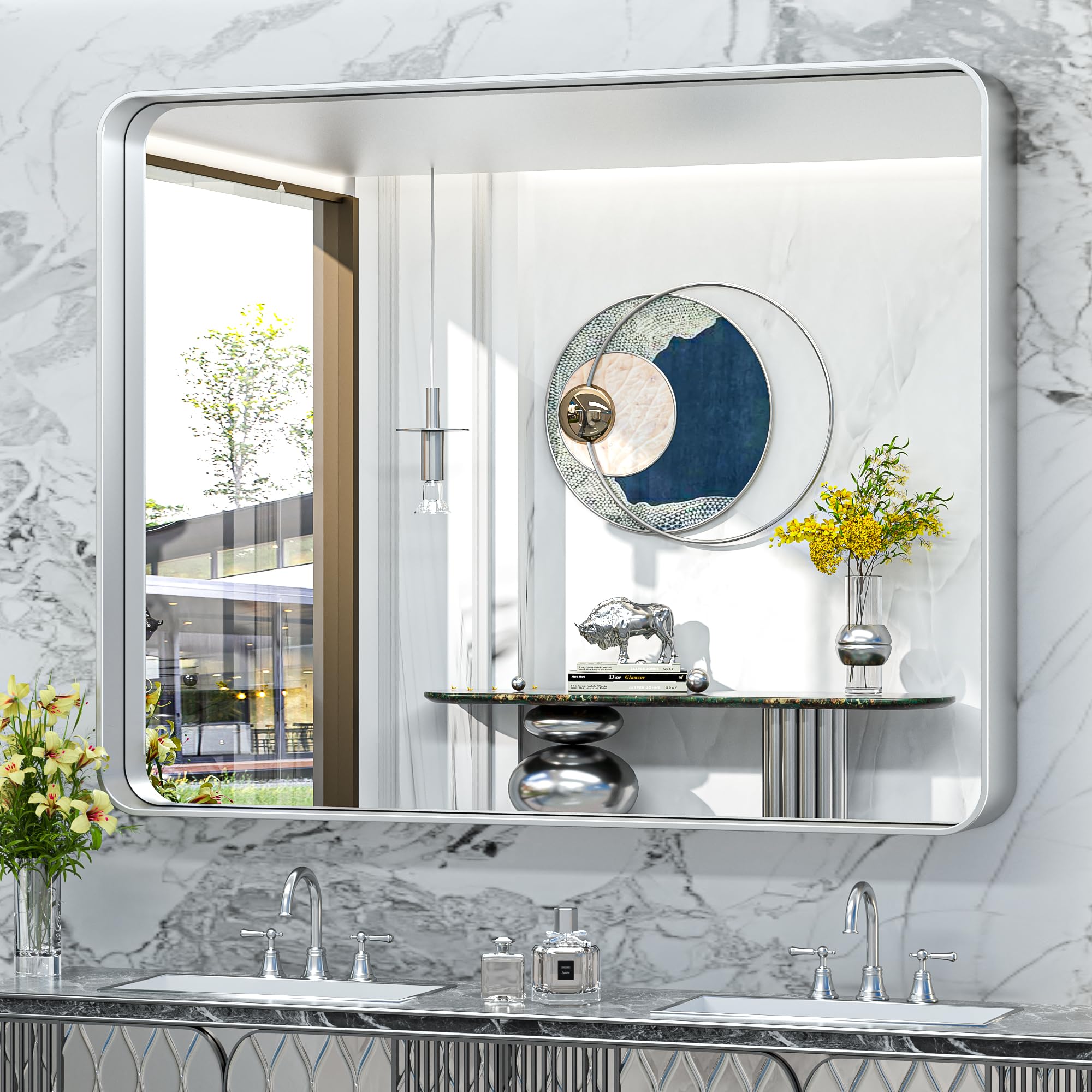 TokeShimi 48x40 Inch Brushed Silver Bathroom Mirror for Wall Metal Rounded Corner Rectangle Mirror Metal Frame Deep Set Design Hangs Horizontal Or Vertical