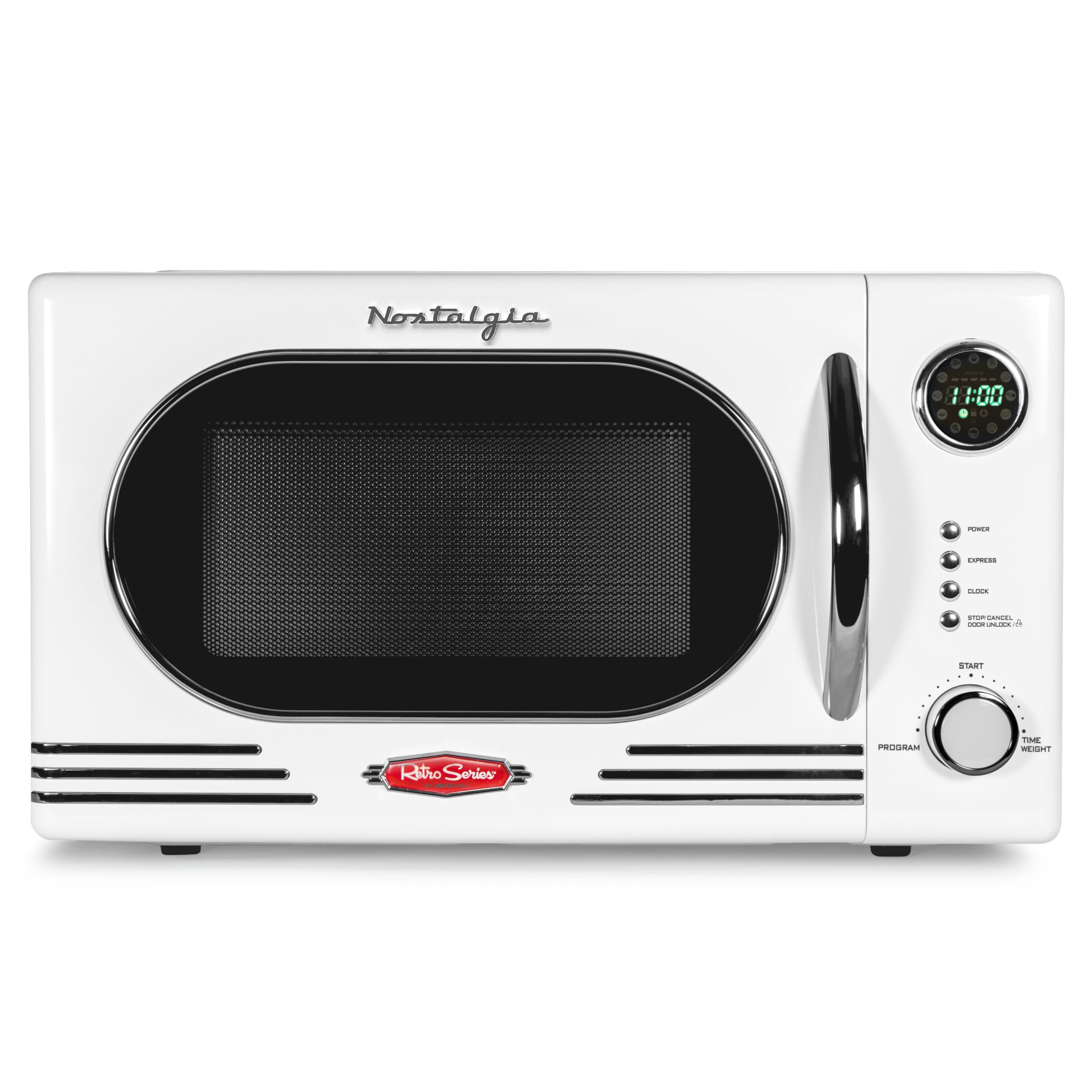 Nostalgia NRMO11WH6A 1000 Watt Power Retro Countertop Microwave Oven Easy to Clean with Removable Glass Turntable-Child Safety Lock-12 Programs-Digital Clock, 1.1 Cu Ft, White