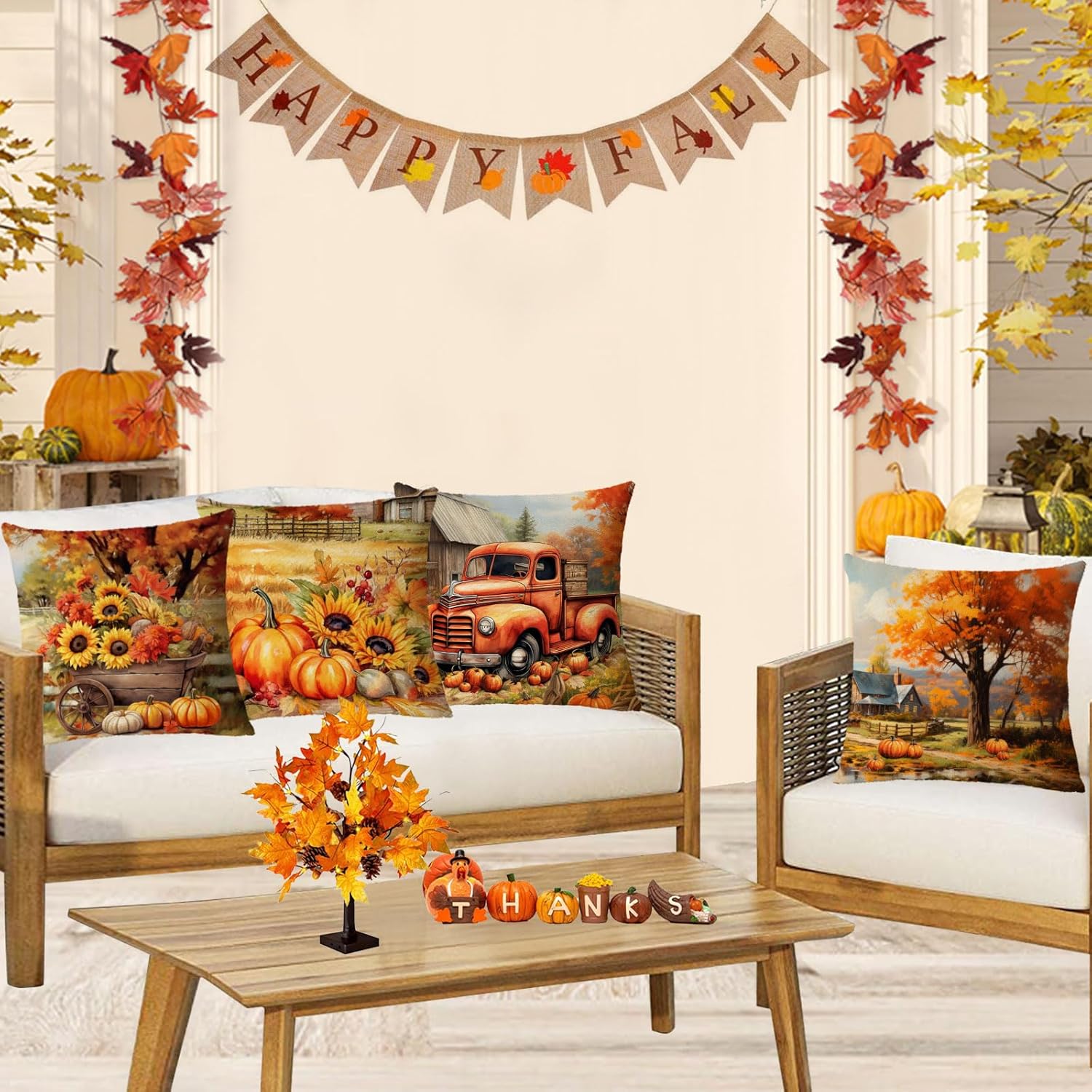 YeeJu Fall Throw Pillow Covers 26x26 Set of 4 Thanksgiving Pumpkin Pillow Covers Farmhouse Orange Autumn Pillow Case Sunflower Cushion Covers Outdoor Sofa Couch Home Decorations 26 Inch