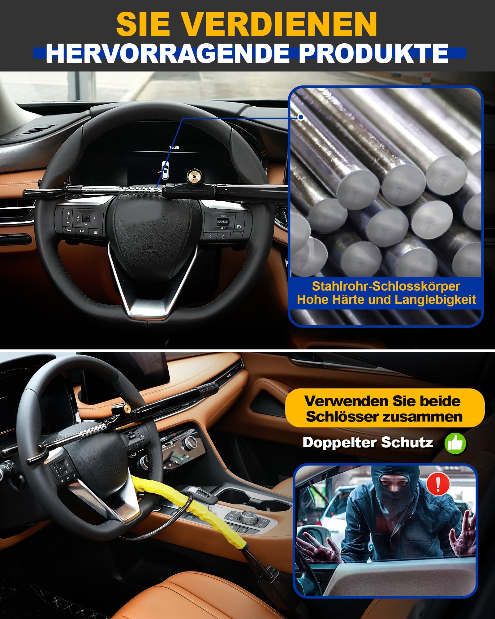 Tevlaphee Lenkradschloss, Auto-Sicherheits-Schloss, Hochwertige Diebstahlsicherung, Hohe Sichtbarkeit, Universelle Passform für Pkw, SUVs & Transporter, Verstellbar, 3 Schlüssel(Schwarz)
