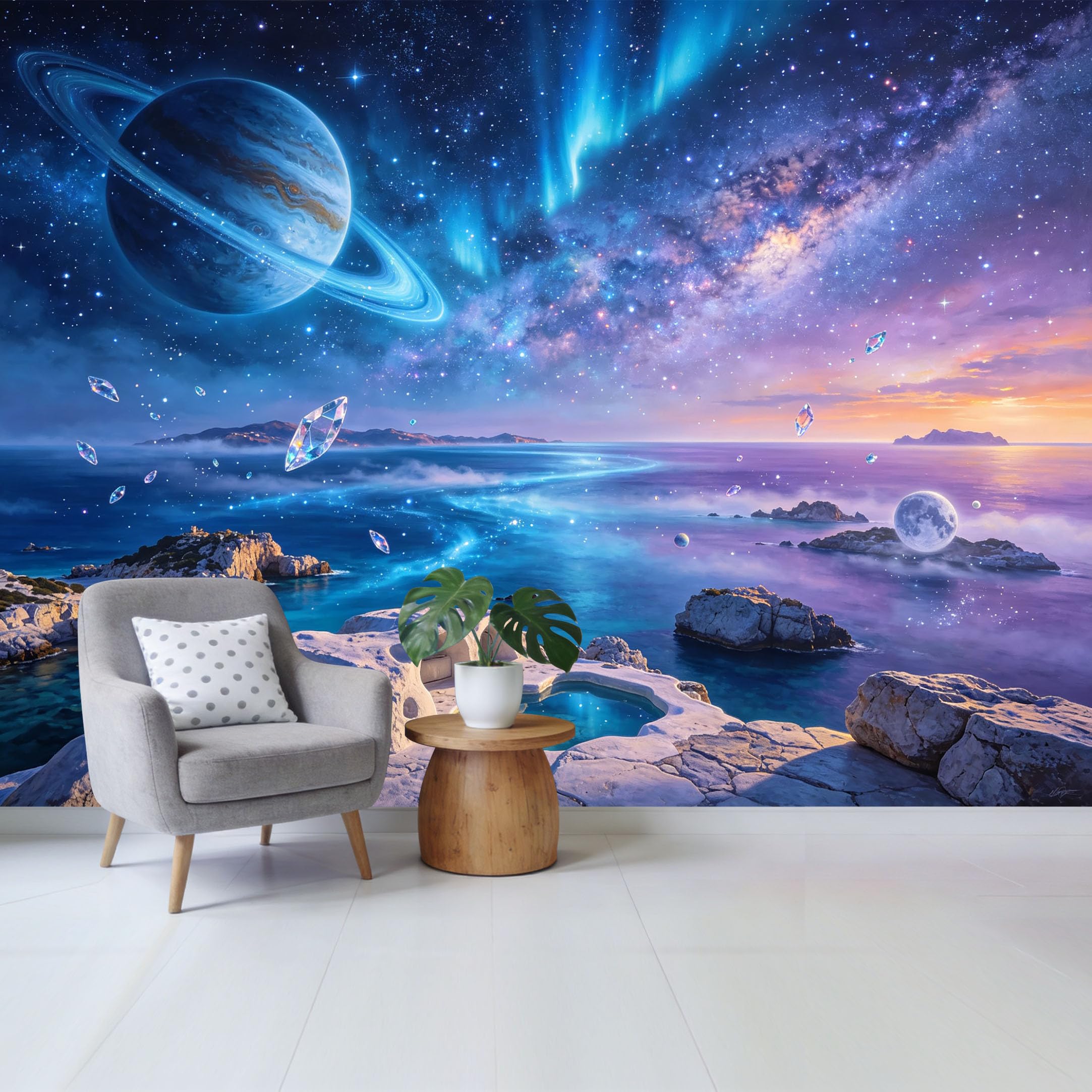 Custom Size Wall Mural Cosmic Ocean Landscape with Planet Aurora and Gemstone Sky Removable Self Adhesive Fabric Home Wall Decor for Living Room Bedroom Bathroom