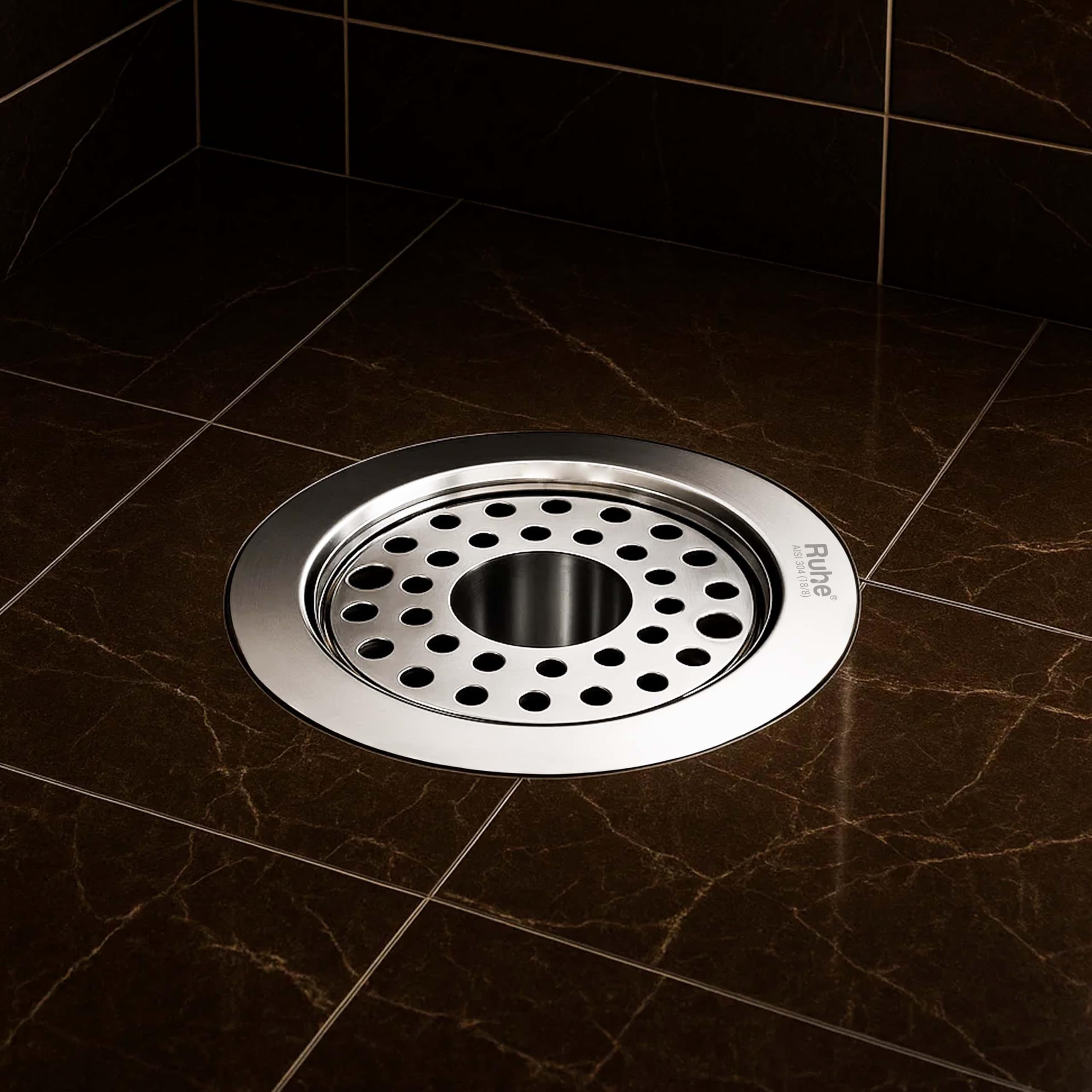 Ruhe® Round Floor Drain with Lock and Hole (5 Inches) | 304-Grade Stainless Steel Drain Jali with Cockroach Trap | Floor Drainer for Bathroom