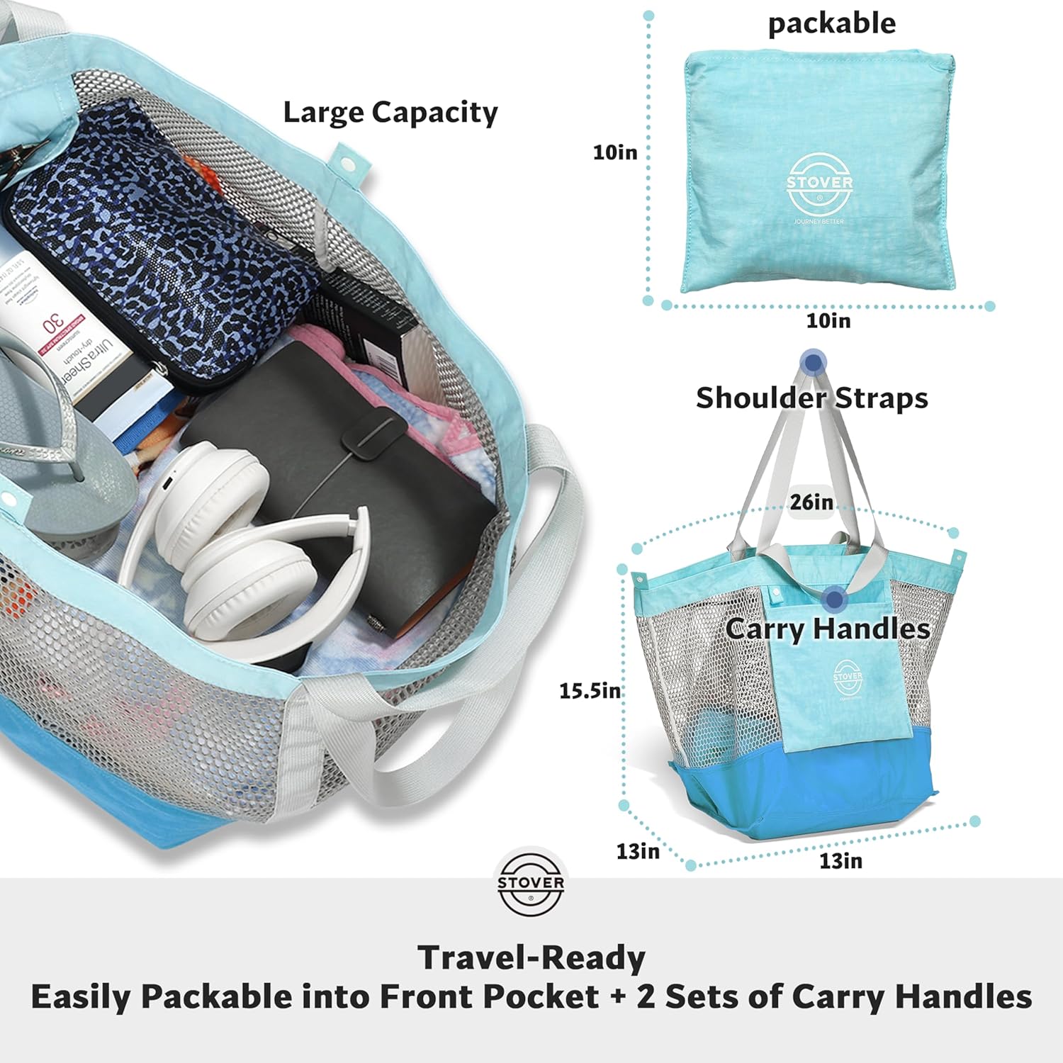 STOVER Extra Large Mesh Beach Bag, Vacation, Pool, Shopping & Travel Tote - Foldable w/Storage Pouch & Pockets for Women, Men - Image 4