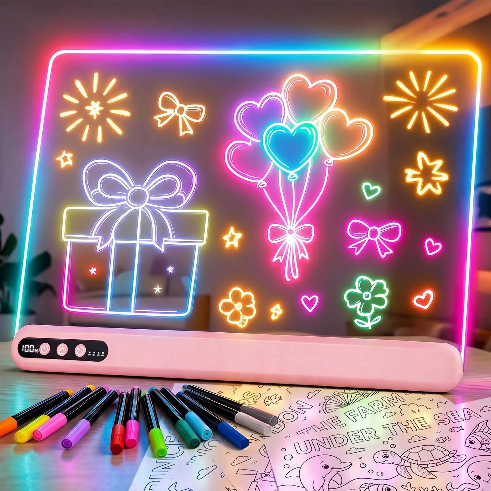 LED Drawing Board with 12 Colors Pen, 1500mAh Rechargeable RGB Light Message Note Writing Board with Timer, 7 Colors Changing and 7 Lighting Modes, 35x26cm (Pink)