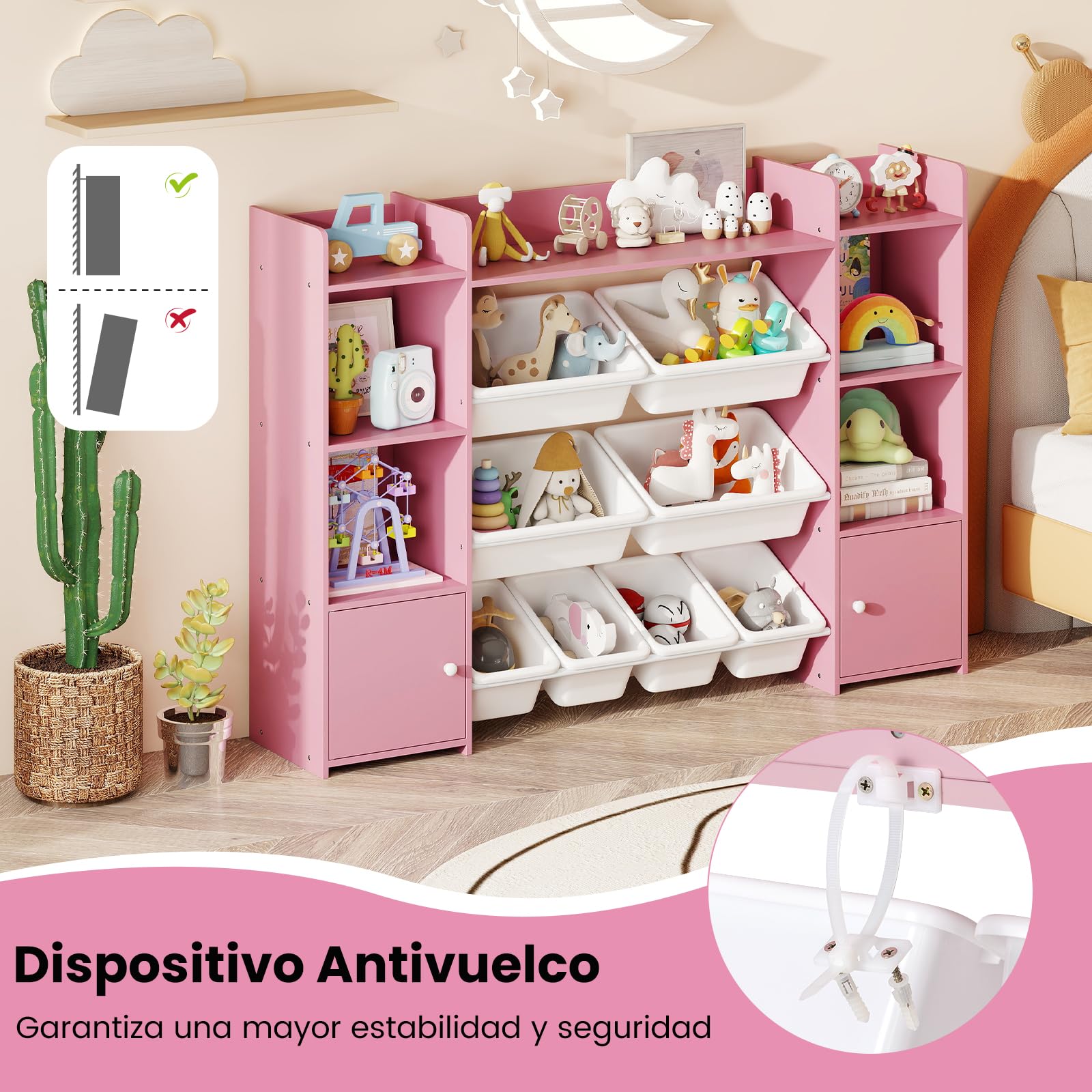 GOPLUS Mueble Almacenaje Juguetes, Estantería Infantil de 4 Niveles con 6 Compartimentos y 8 Cajas Extraíbles, Organizador Juguetes para Salón, Dormitorio 142 x 30 x 100 cm(Blanco) (Rosa)