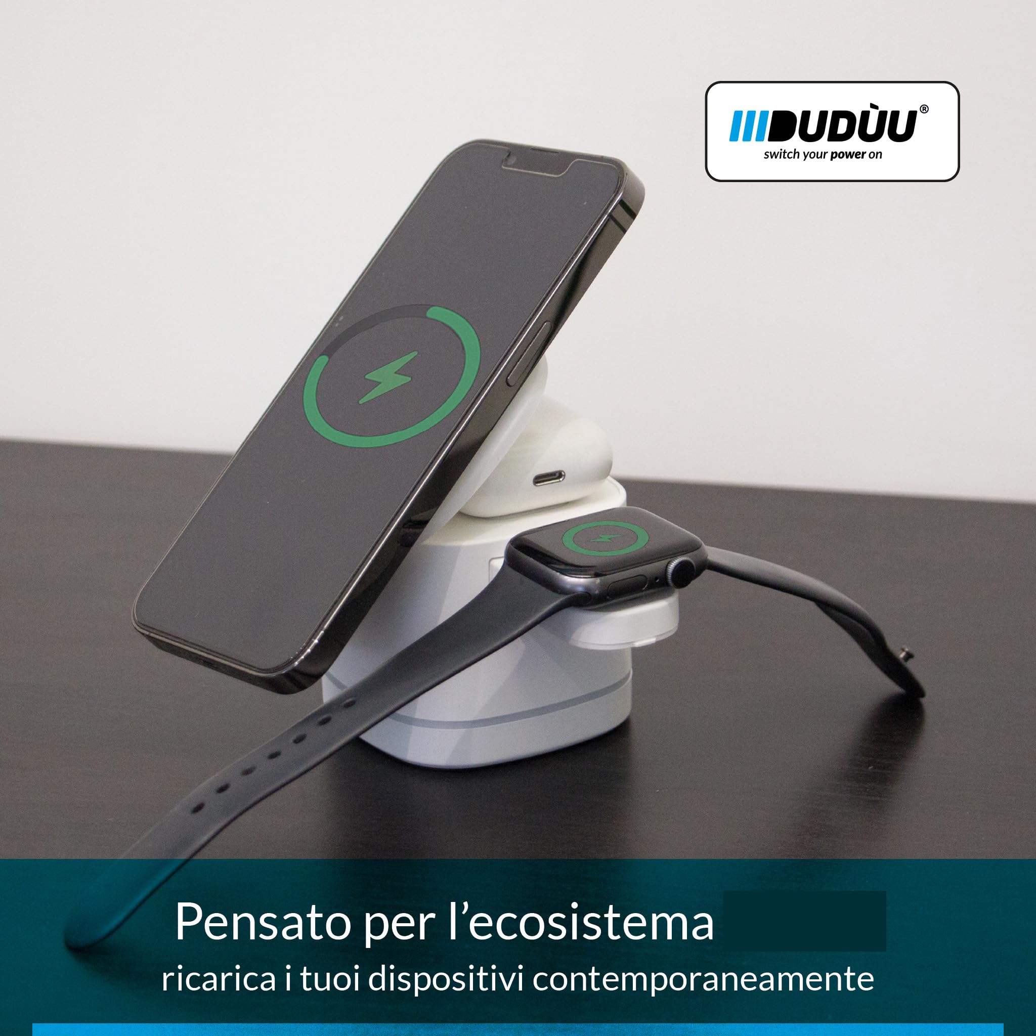 X Tower Caricatore Wireless 3 in 1, Base di Ricarica per Smartphone, Smartwatch e Auricolari Compatibili, Supporto Verticale Compatto