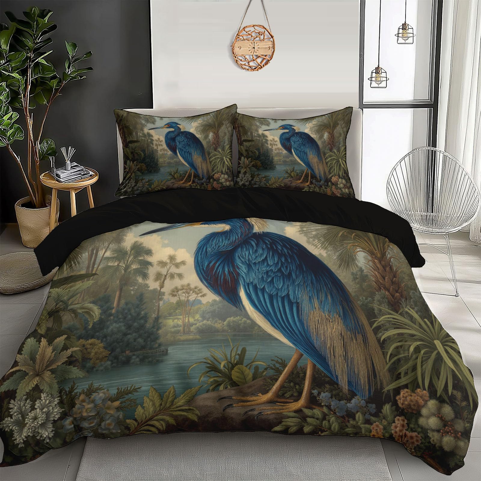 Parure de lit 240x260 housse de couette imprimée 3D héron vintage avec taies zippées