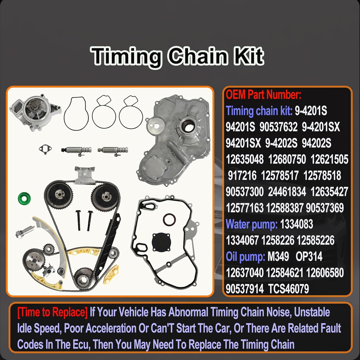 2.4L Timing Chain Kit w/VVT & Oil/Water Pumps Fit For Buick Regal Verano LaCrosse Chevy Equinox Malibu GMC Terrain Pontiac G5 2.2L 2.4L Ecotec 2009-2017 9-4201S AW5103 M349 12621505