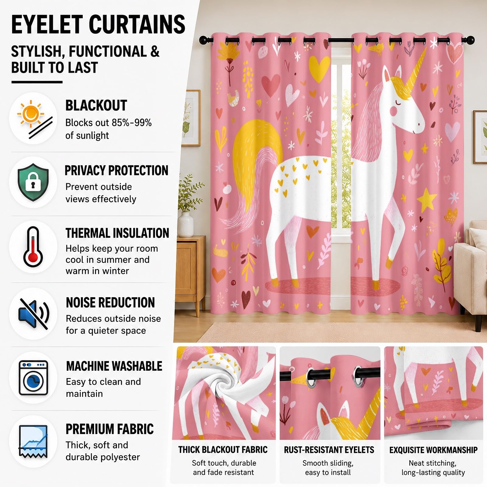 Lot De 2 Rideau À Oeillets Occultant 140L X 245H cm Romantique Dessin Animé Licorne Rideaux Salon Moderne Chambre Anti Bruit Anti Froid Rose Draperies d’intimité Doux Décoration Fenêtre