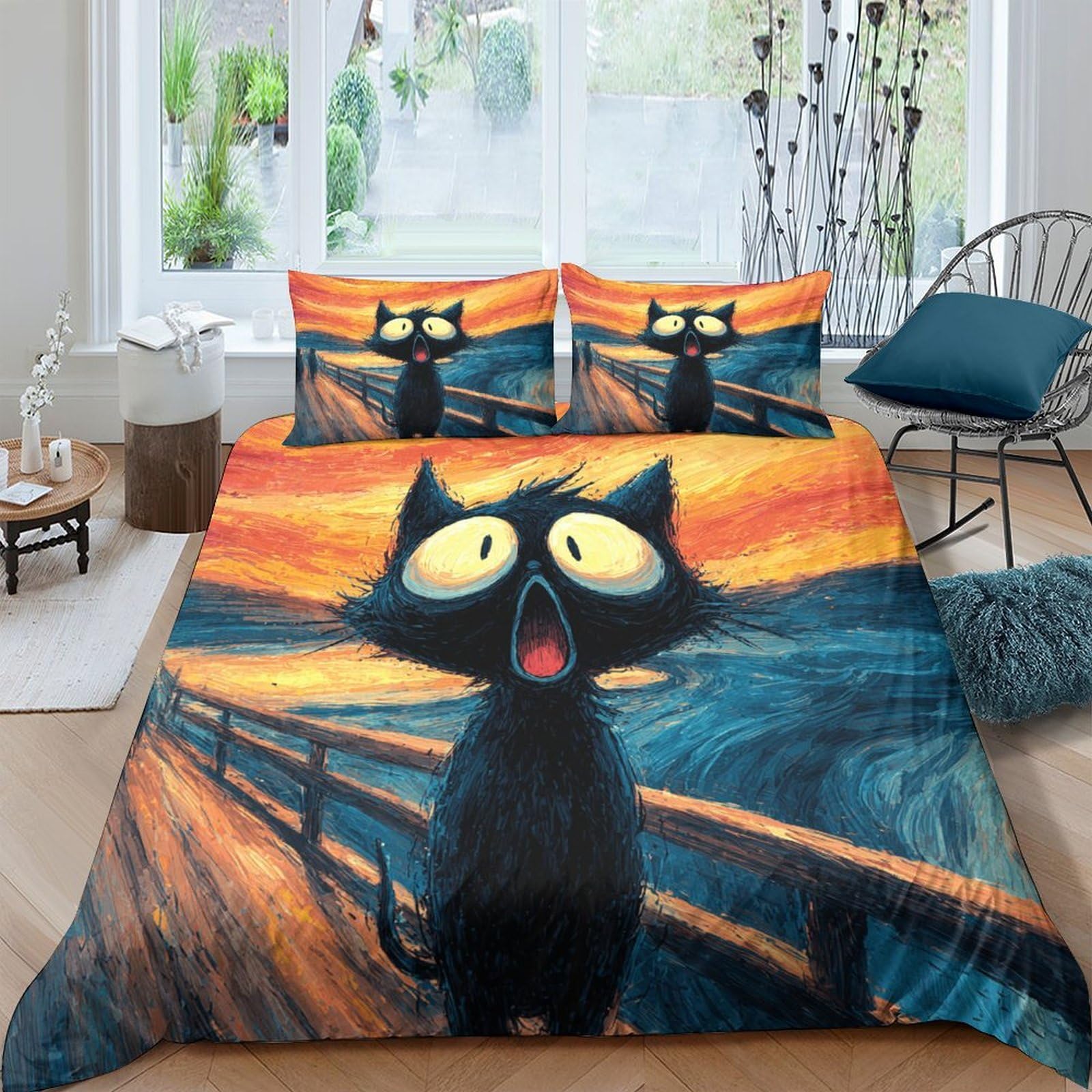 Ctjqhvkz Style-6 3D Printed Scream Cat Fitted Sheet Microfiber Orange Sunset Bed Cover Anti-Slip Easy Care Bedroom Guest Room Decor Single（135X200cm）