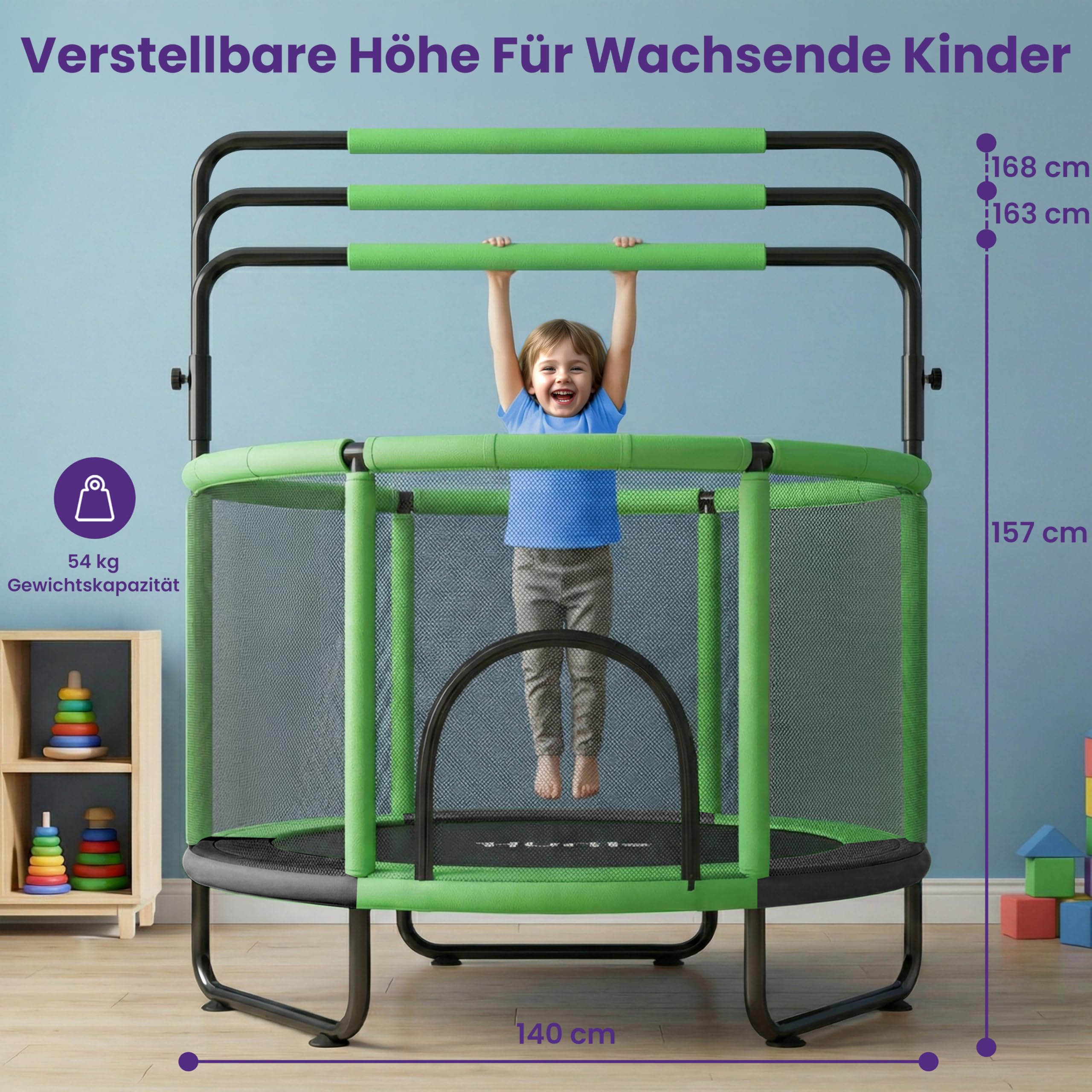 Hurtle Kindertrampolin - 140 cm mit Sicherheitsnetz – Trampolin Kinder Indoor Outdoor mit Haltestange, Schaukel, Ringe, Boxsack und Bällen bis 200 kg belastbar