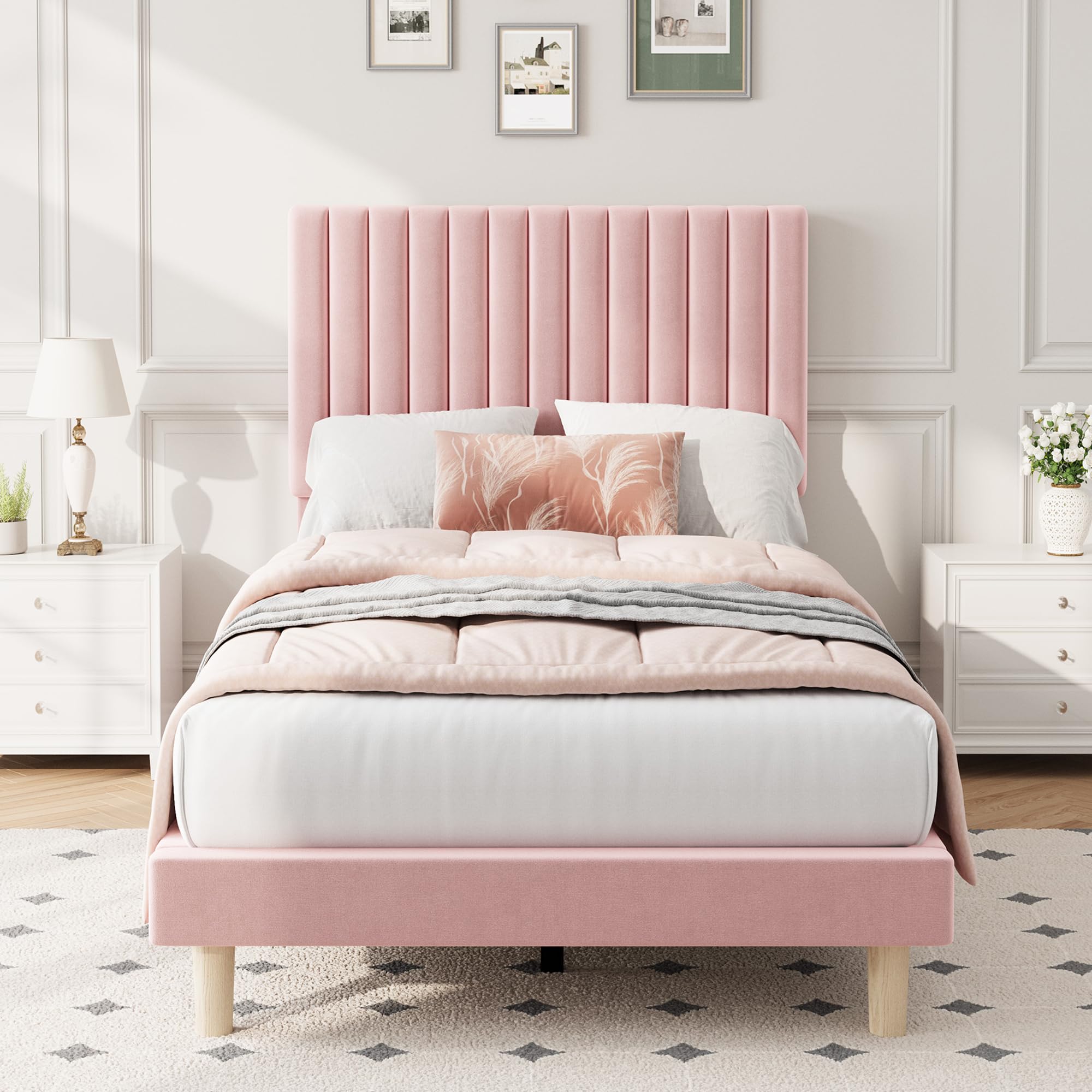Photo 1 of IDEALHOUSE Twin Velvet Bed Frame - Pink, Adjustable Headboard