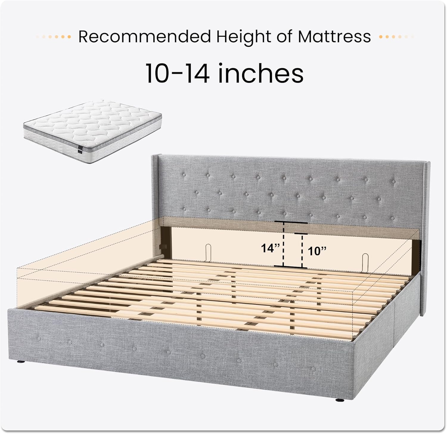 SHA CERLIN King Size Lift Up Storage Bed Frame,Button Tufted Wingback Headboard,Upholstered Platform,Hydraulic Storage,Wooden Slat Support,No Box Spring,Light Grey