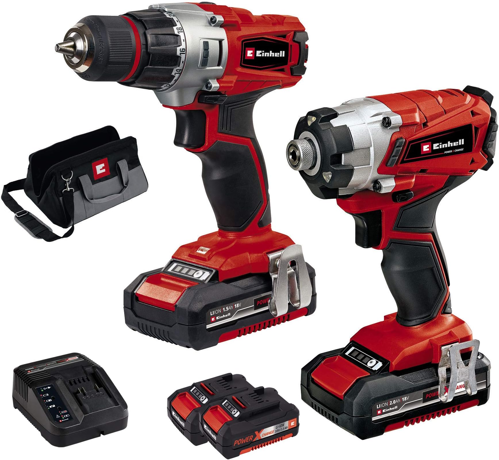 Einhell 4257232 Screwdriver Kit, 250 V, Red/Black, New Model with Drill and 2 x 1.5 Ah Battery
