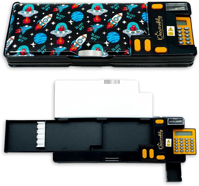 Decorably Space Pop-Up Pencil Case with Calculator for Boys | Multifunction Pencil Box with Sharpener, Pen Slots, Mini Drawer & 2 Magnetic Compartments - Back-to-School Kids Gift