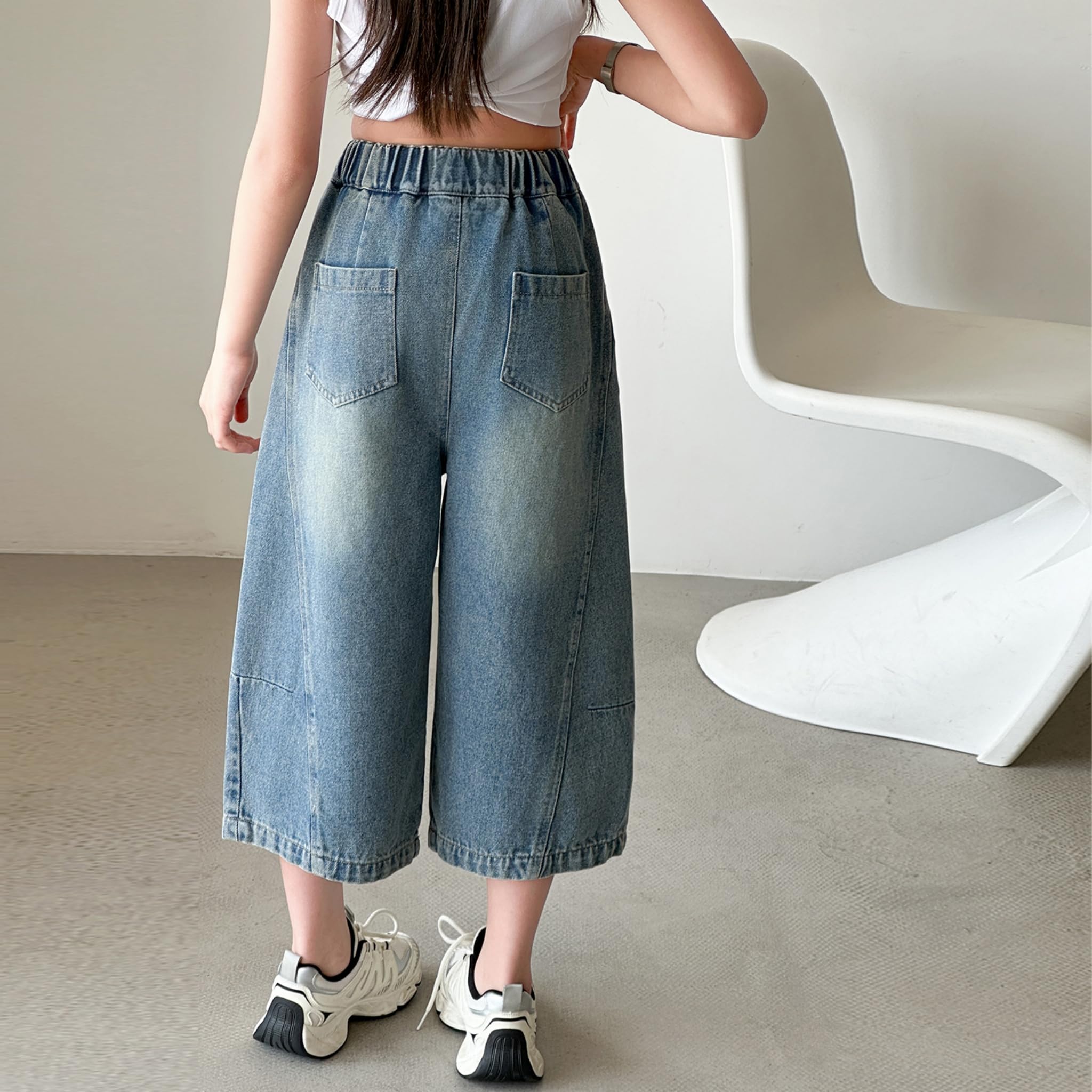 Rolanko Vaqueros Cropped para Niña, Pantalones Capri Holgados con Cintura Elástica