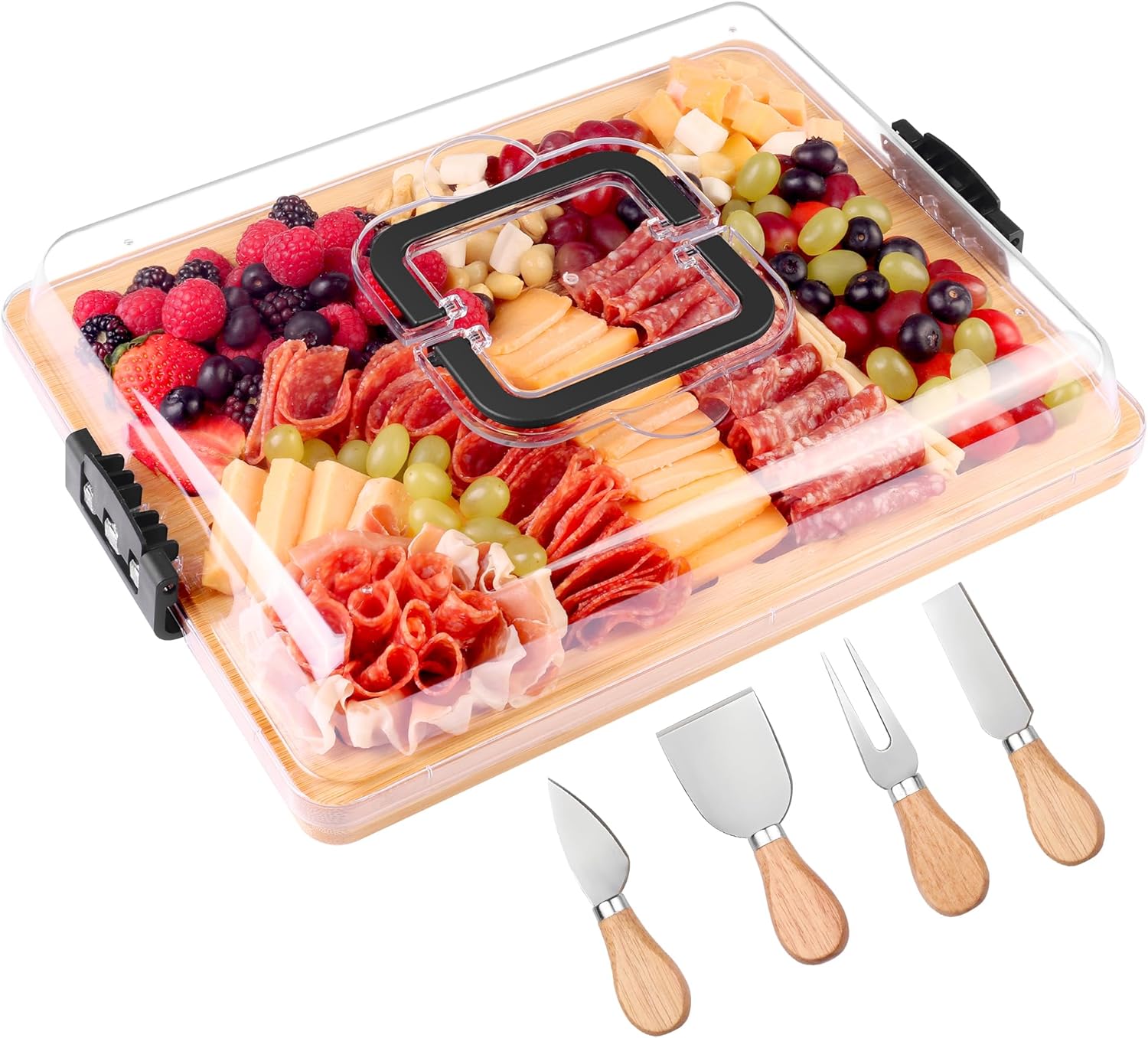 Charcuterie Board with Lid and Handle – Portable Travel Design Bamboo Cheese Board Set with 4 Cheese Tools, Gift for Housewarming, Weddings, Picnics (6 Compartments, Black) Charcuterie Board with Lid and Handle – Portable Travel Design Bamboo Cheese Board Set with 4 Cheese Tools, Gift for Housewarming, Weddings, Picnics (6 Compartments, Black)