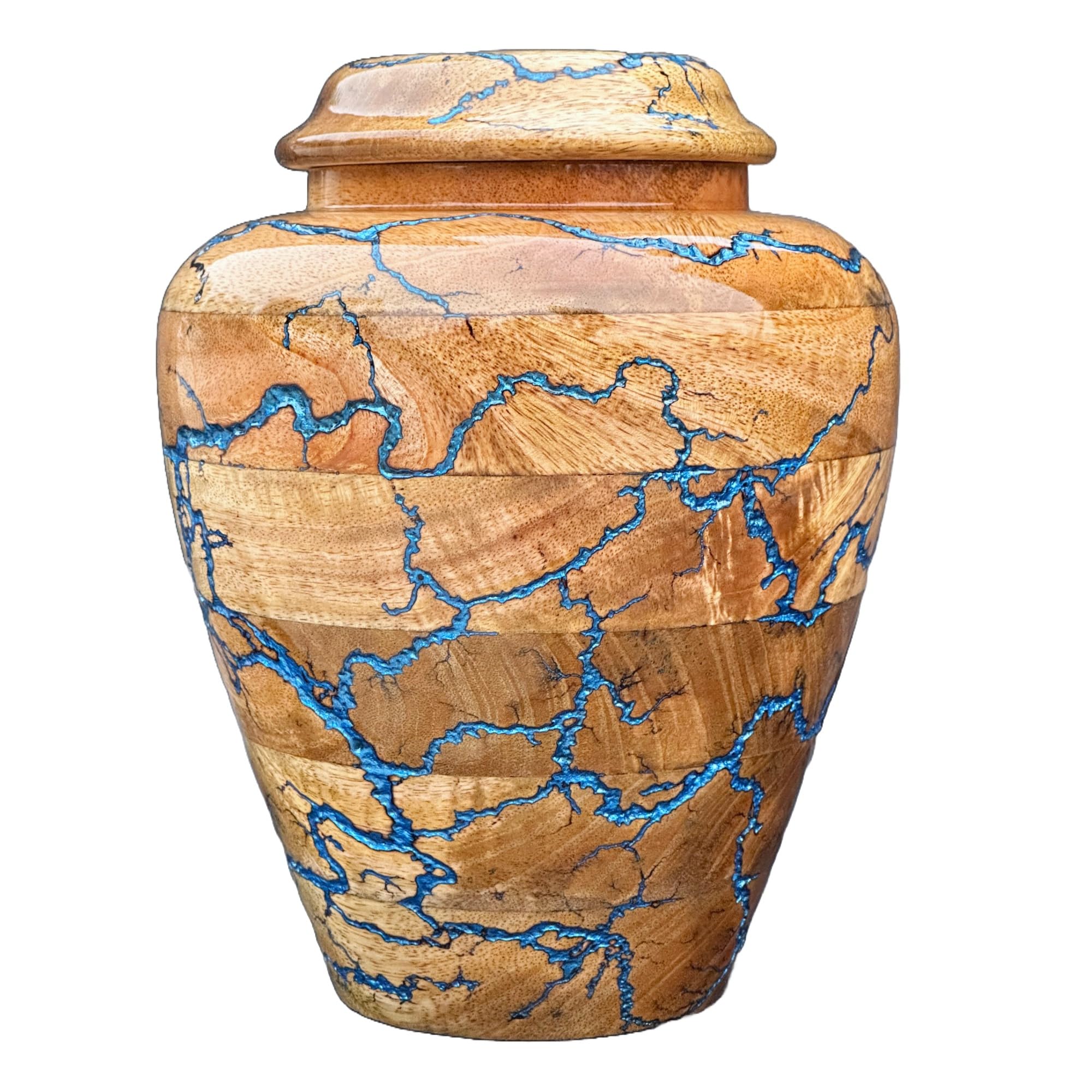 Wooden Cremation Urn for Human Ashes Handcrafted Urn for Adult Men & Women Memorial Urn for Ashes Decorative Burial & Funeral Urn (Blue, X-Large 300lbs)