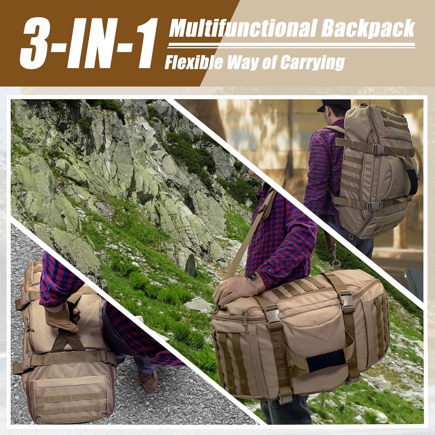 65L Large Travel Gym Duffle Bag Military Tactical Backpack, Army Pack 3 Day Bug Out Bag Rucksack for Outdoor Sport Hiking Camping with Molle System, Coyote - Image 6