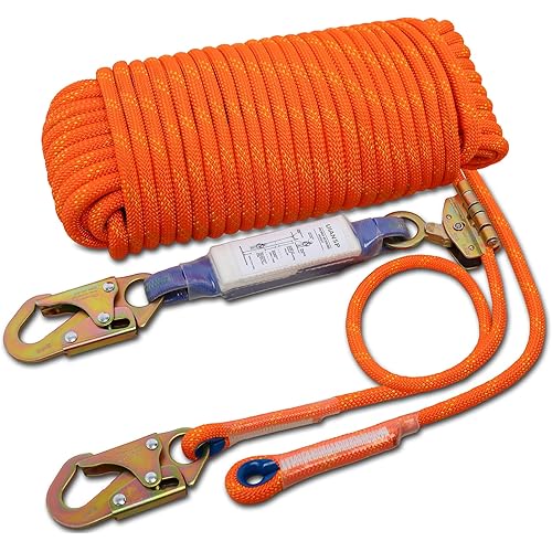 Fall Protection Safety Rope 50ft Heavy Duty Vertical Roofing Grab Snap Hook Shock Absorber Fall Protection Line Kit Restraint System Roofing Safety Equipment (50FT)