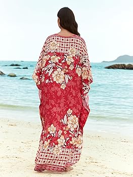 LOUSEA Embroidery Print Caftan Dress Vneck Batwing Dress