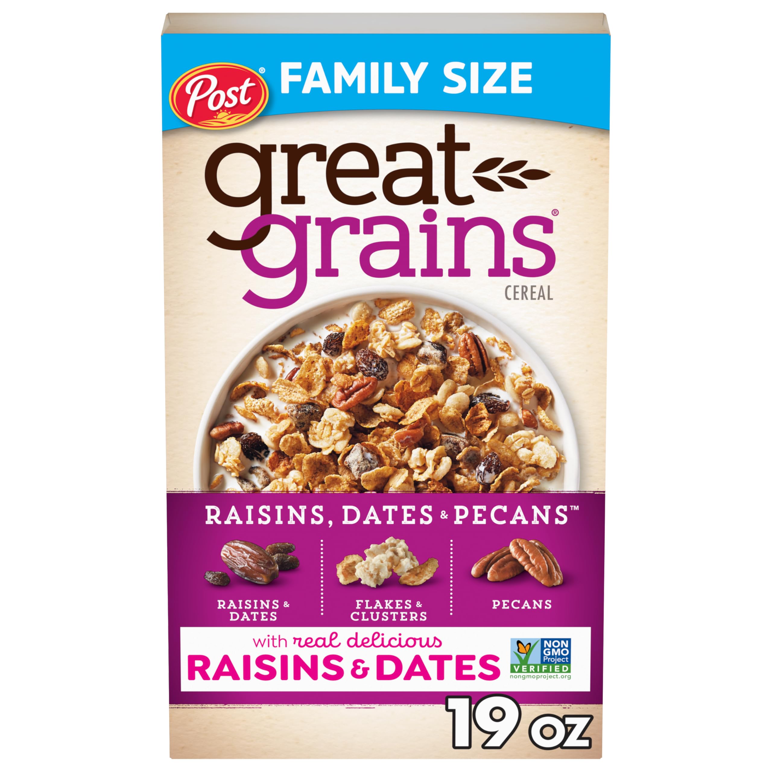 Raisins, Dates & Pecans Breakfast Cereal for Adults, Crunchy Clusters with Dried Fruit and Nuts, Non-GMO, Heart Healthy, 19 oz Box