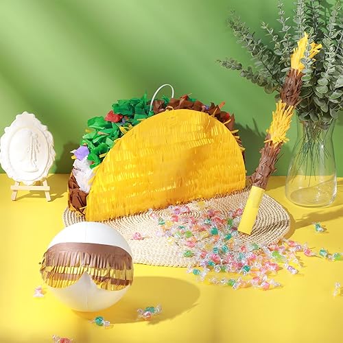 Miniatura 5 de Sratte Juego de piñatas de taco, decoración mexicana para fiesta de cumpleaños, Cinco de Mayo, con palito de plástico y vendas para fiestas