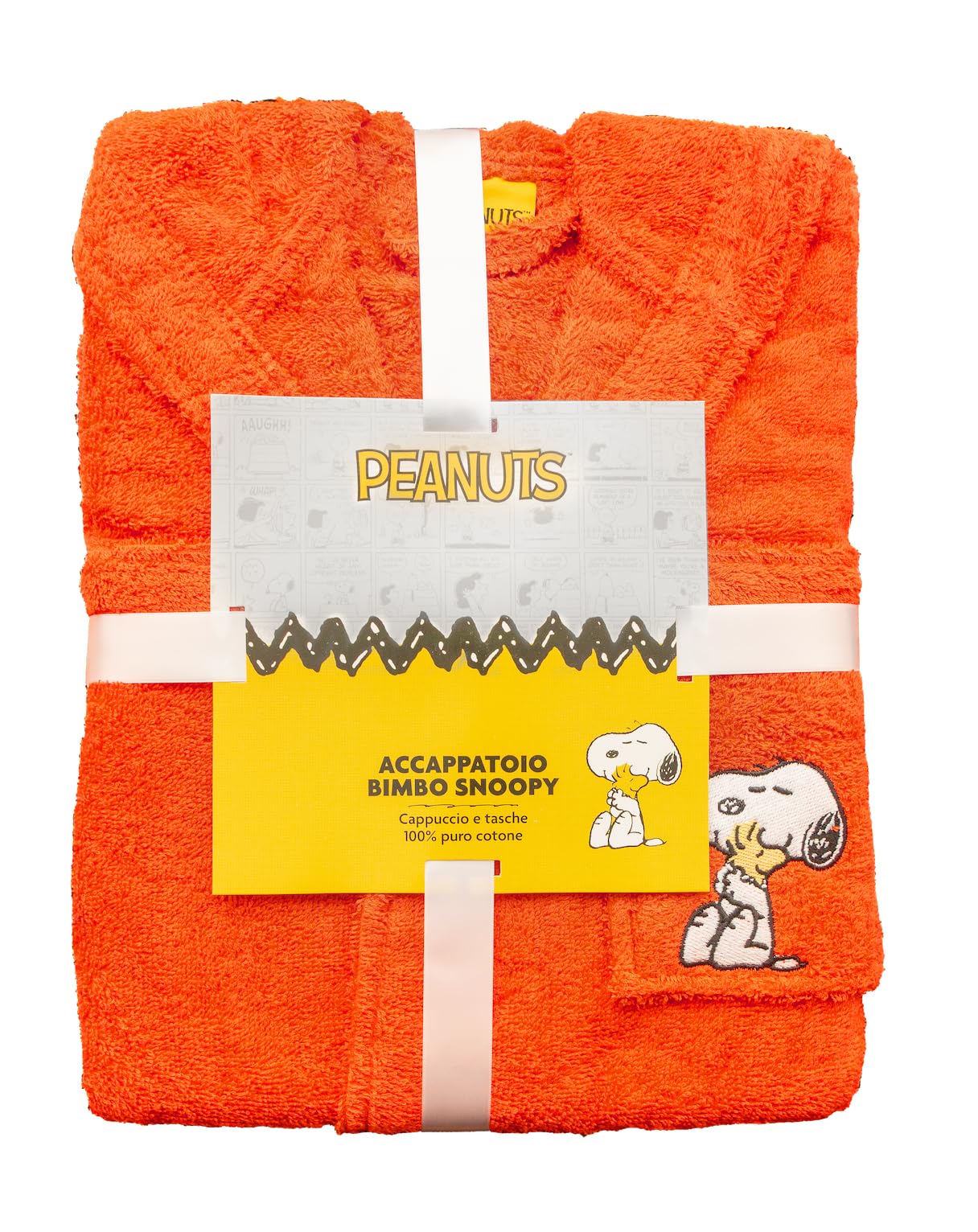 Snoopy Peanuts, Accappatoio per Bambino e Bambina, 100% Spugna di Cotone, Morbido e Assorbente, con Cappuccio, Tasche, Cintura e Gancio Interno, Ricamo Snoopy Lato Cuore