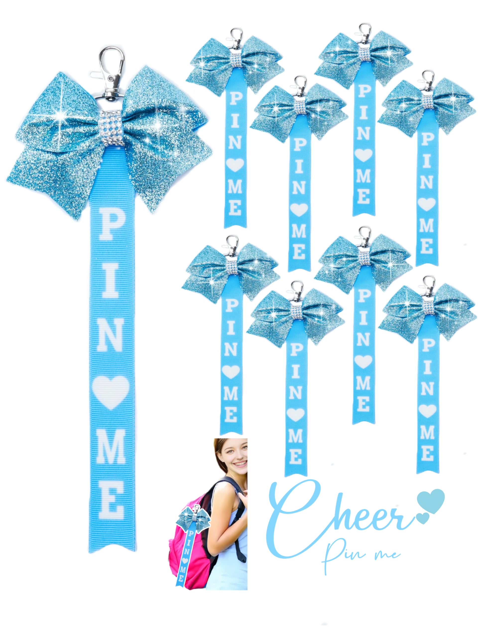 Cheer Pin Me Ribbon Cheerleader Pin Me Bow Cheer Bow Keychain with Rhinestones Cheerleading Sports Accessory Gift