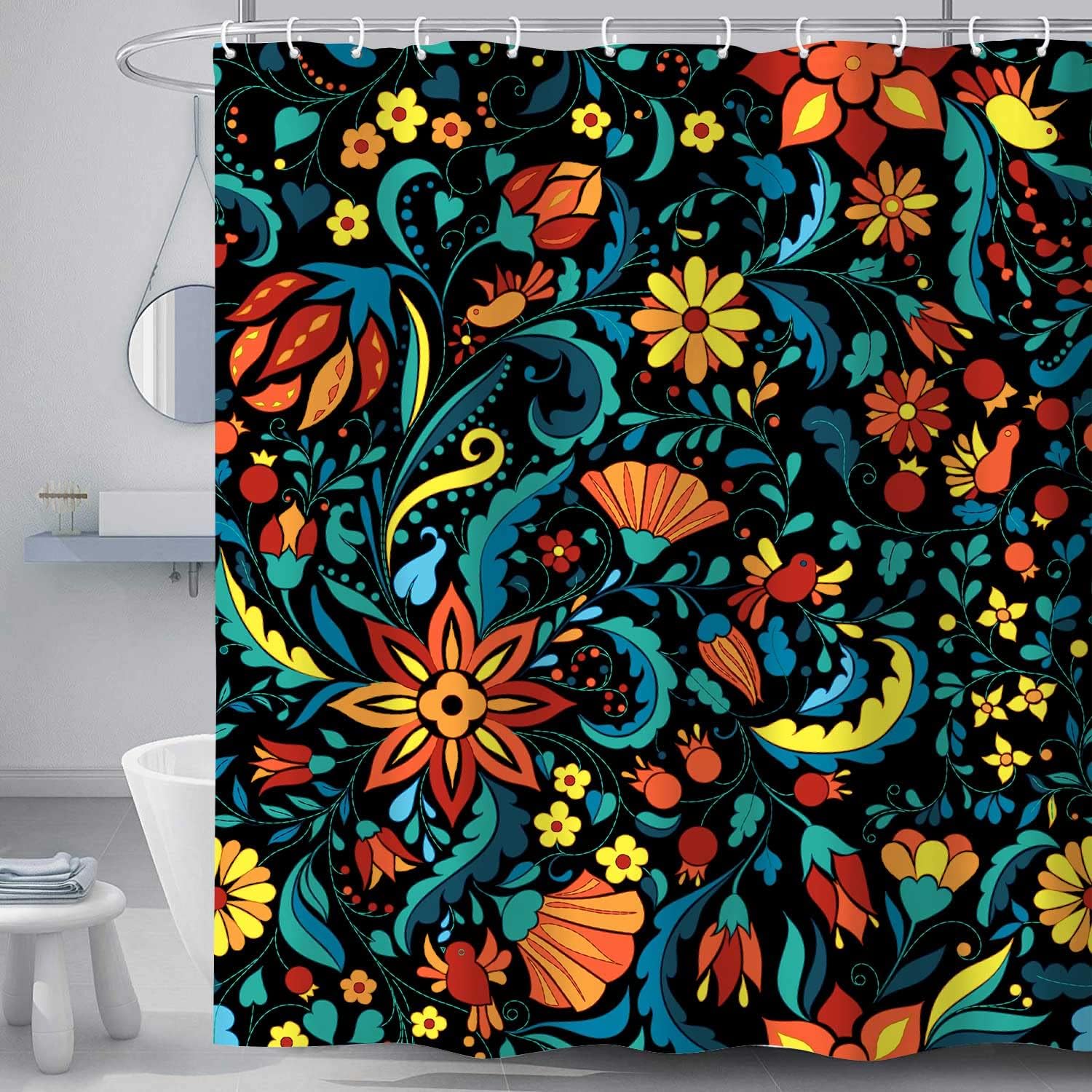 Mexican Shower Curtain, Mexico Otomi Green Flower Boho