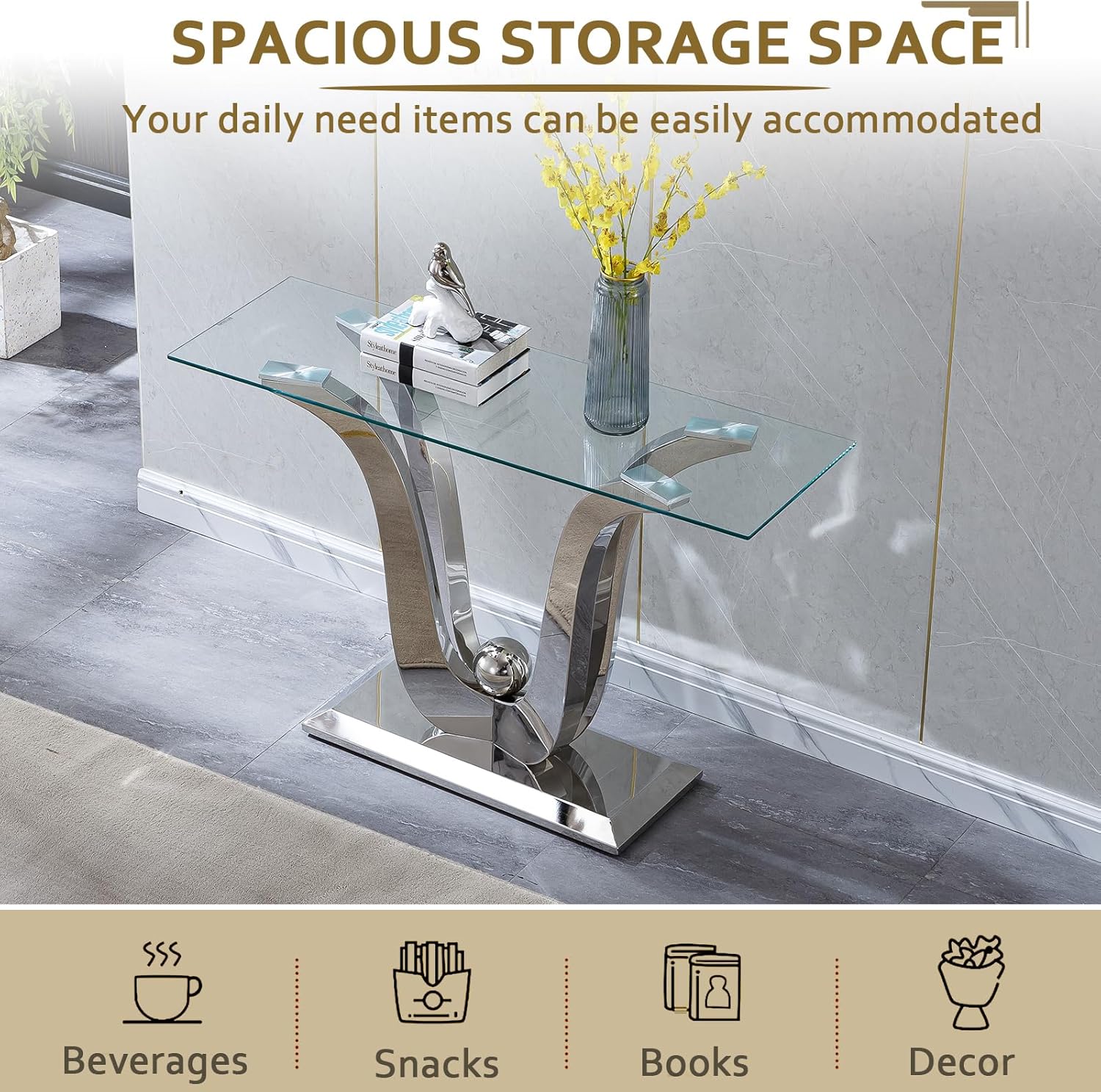 4 Pieces Living Room Table Set, Glass Coffee Table Set of 4, Modern Coffee Table, Console Table and 2 End Tables with Dual U-Shaped Stainless Steel Base for Living Room (Silver)