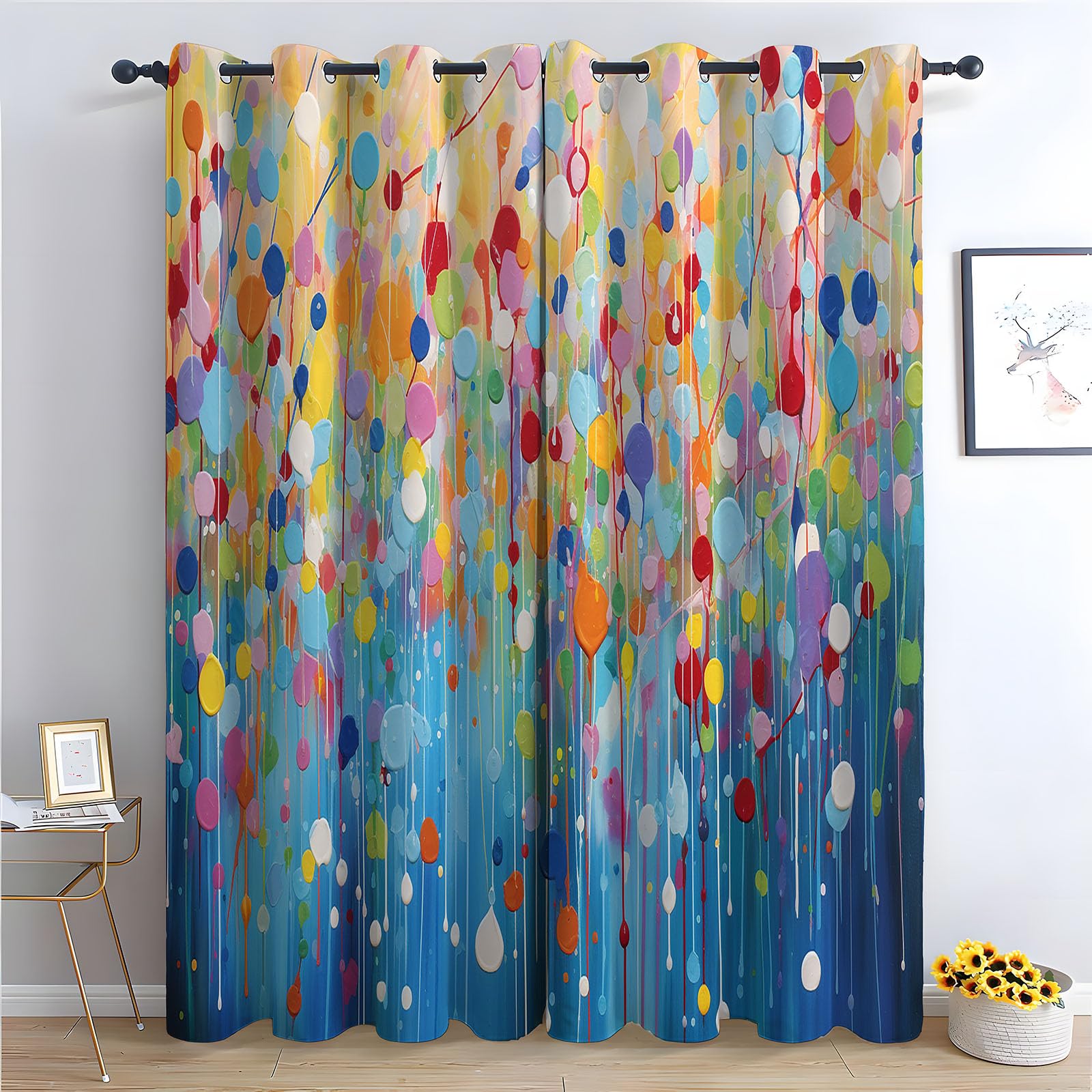 Rideau occultant géométrique et abstrait motif gouttes de pluie colorées pour décoration de fenêtre