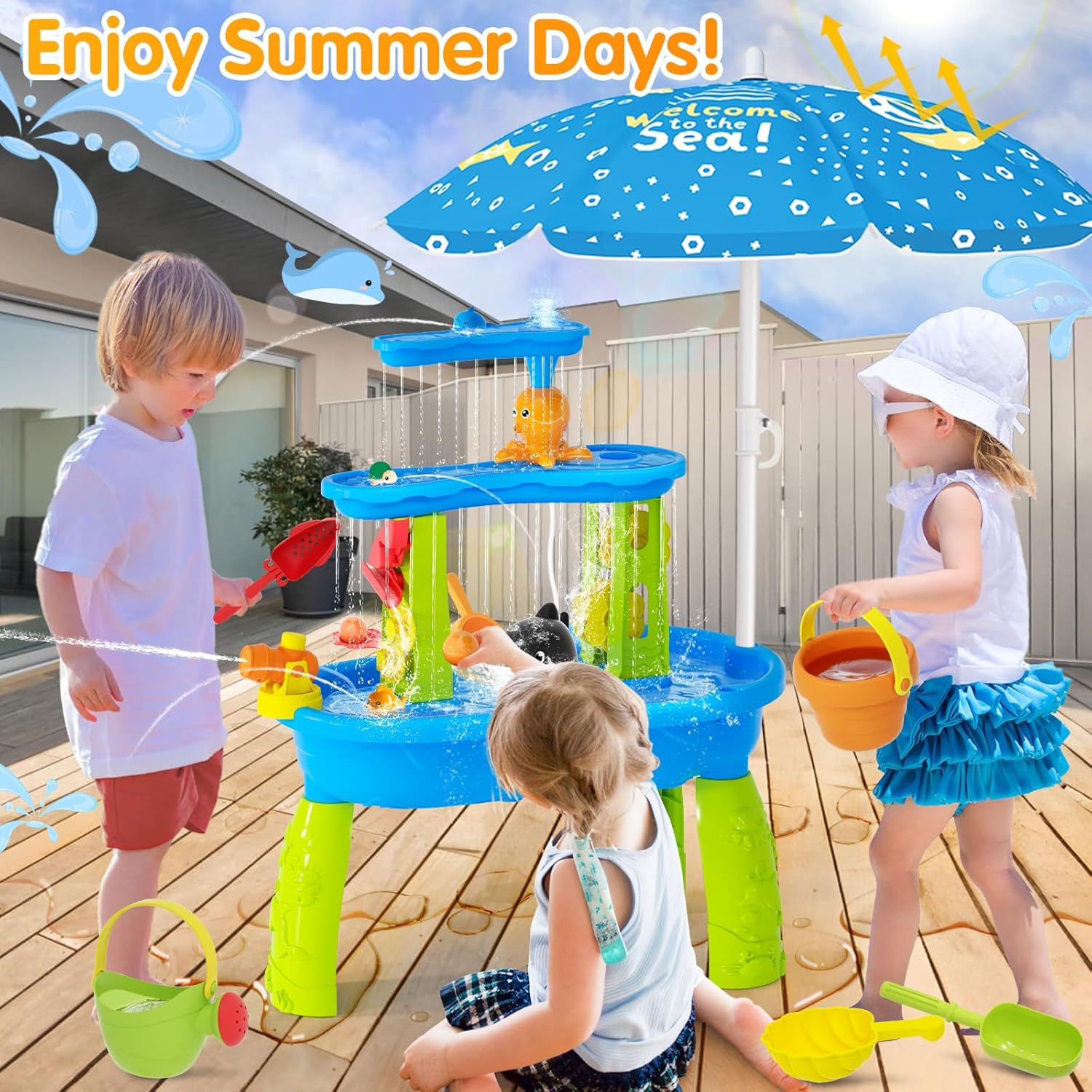 Water Table for Toddlers 3-5, 3-Tier Auto Water-Absorbing Kids Sand Water Table with Water Pump & Umbrella Splash Pond Toy, Activity Sensory Play Table Toys for Outdoor Pool Beach Backyard Summer