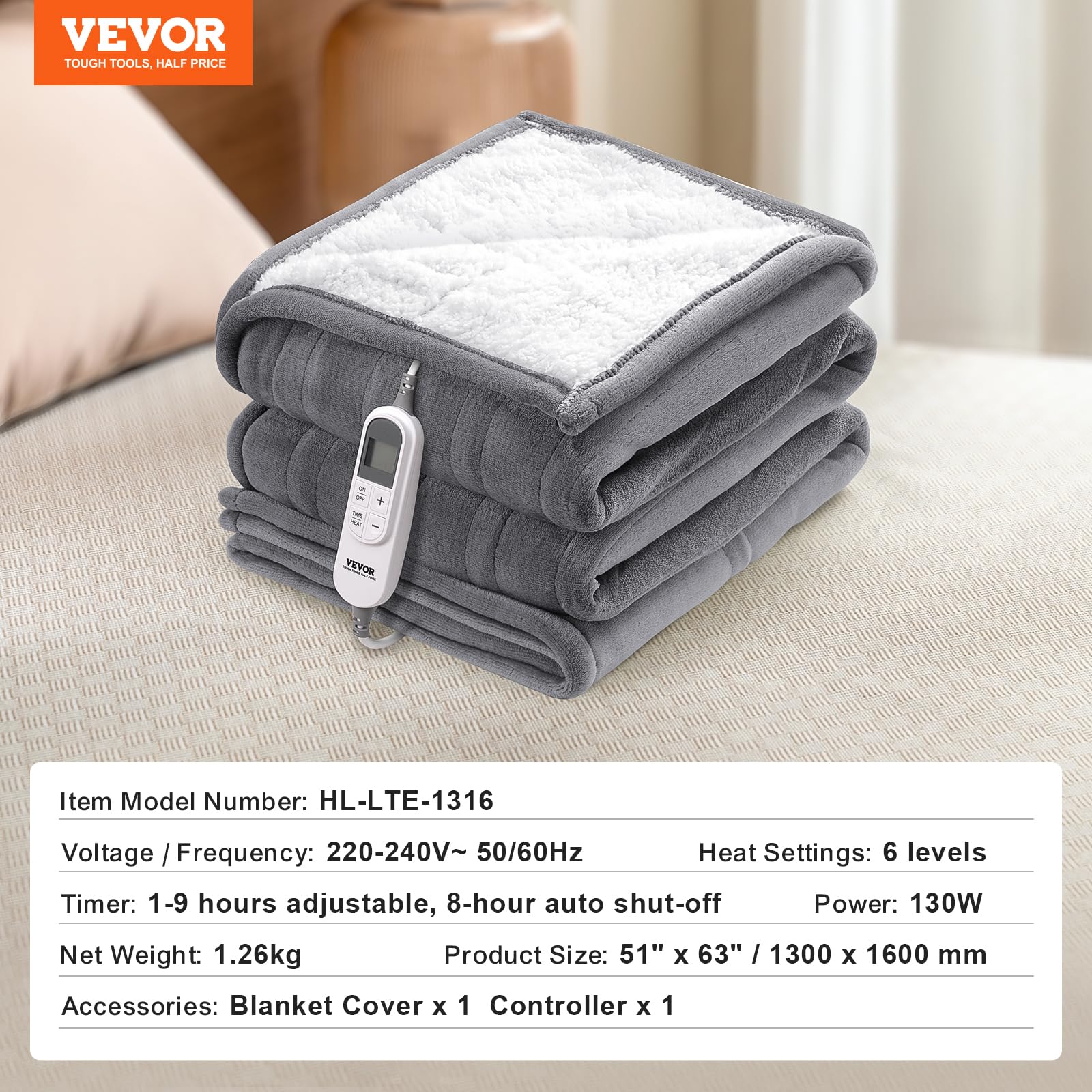 VEVOR Coperta Riscaldata Morbida Lana d'Agnello, 130 x 160 cm, 9 Impostazioni di Tempo, 6 Impostazioni di Calore, Spegnimento Automatico Dopo 8 Ore, Grigio