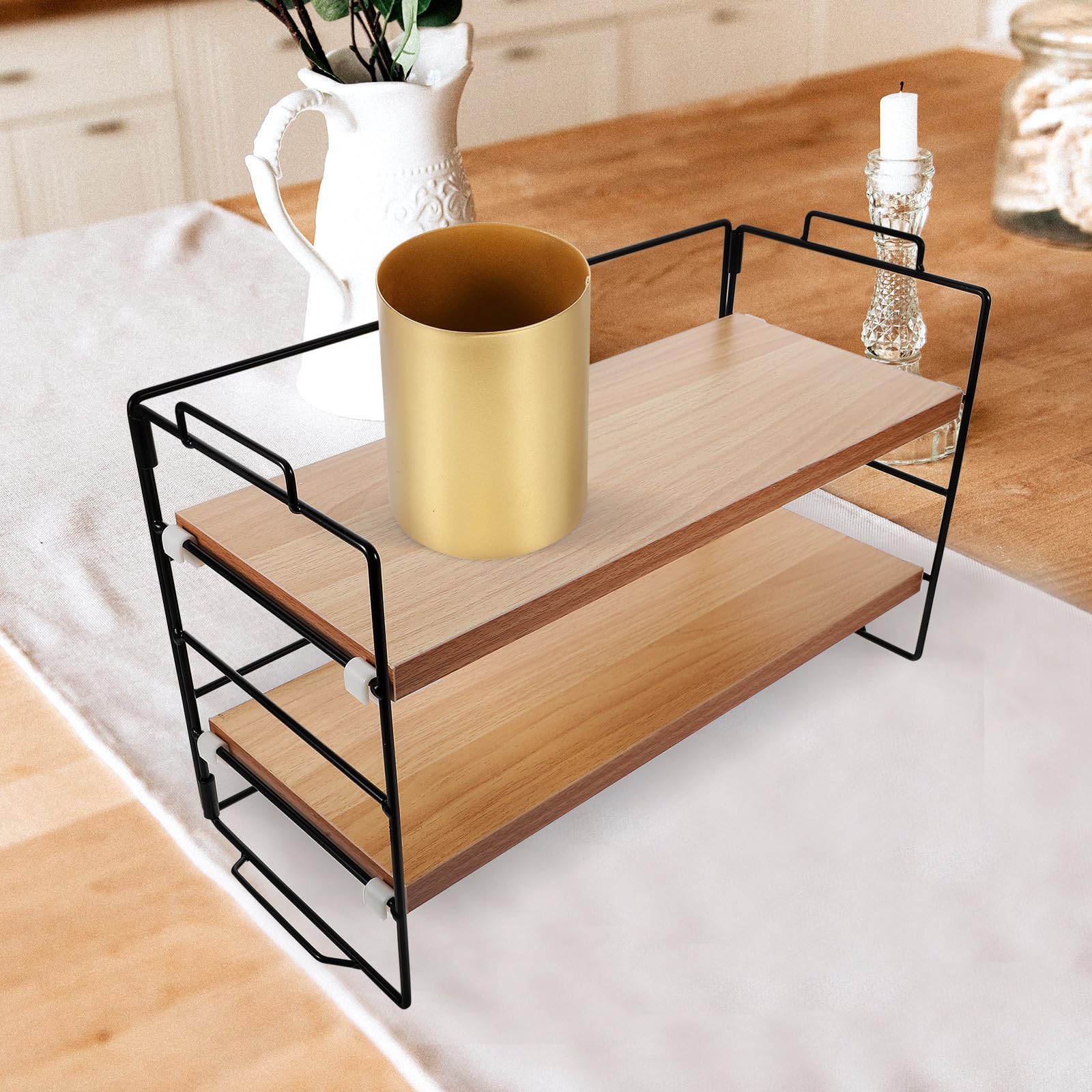 CHILDWEET Organizer Trucchi da Appoggio, Organizer Cosmetici 2 Livelli in Ferro e Legno, per Bagno e Toeletta, per Cosmetici e Articoli da Toilette