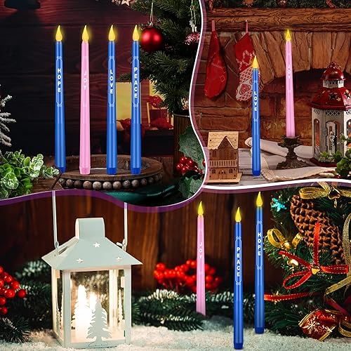Miniatura 4 de Spiareal Juego de 4 velas de Adviento de Navidad de 10 pulgadas, sin llama, con palabras, esperanza, amor, paz, alegría, calendario azul y rosa,