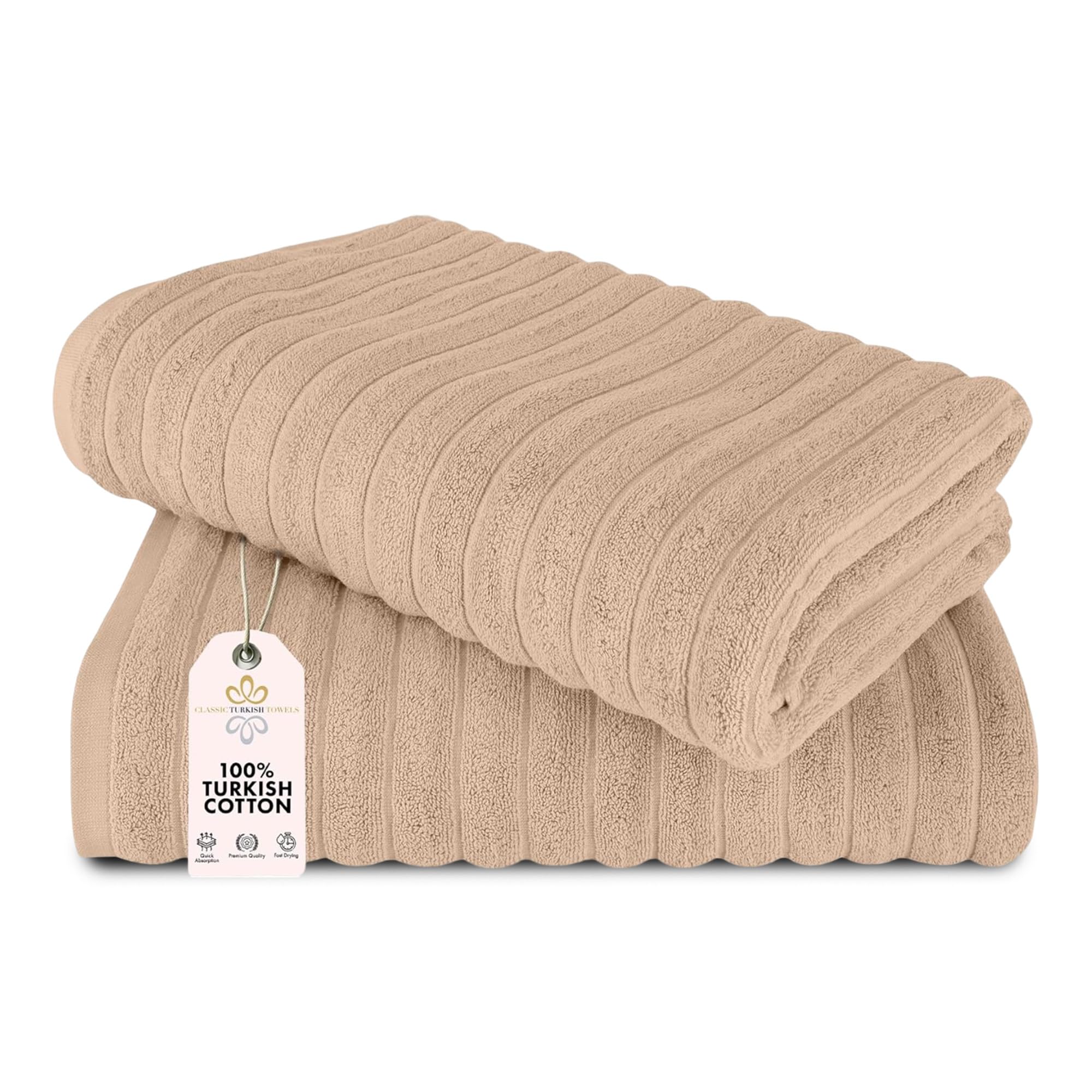 Classic Turkish Towels CTT - Premium 2 Piece Jumbo Bath Sheets, 100% Turkish Cotton, Absorbent & Ultra Comfy Bath Towel Sheets for Hotels & Spa | 40"x65" (Almond Beige)
