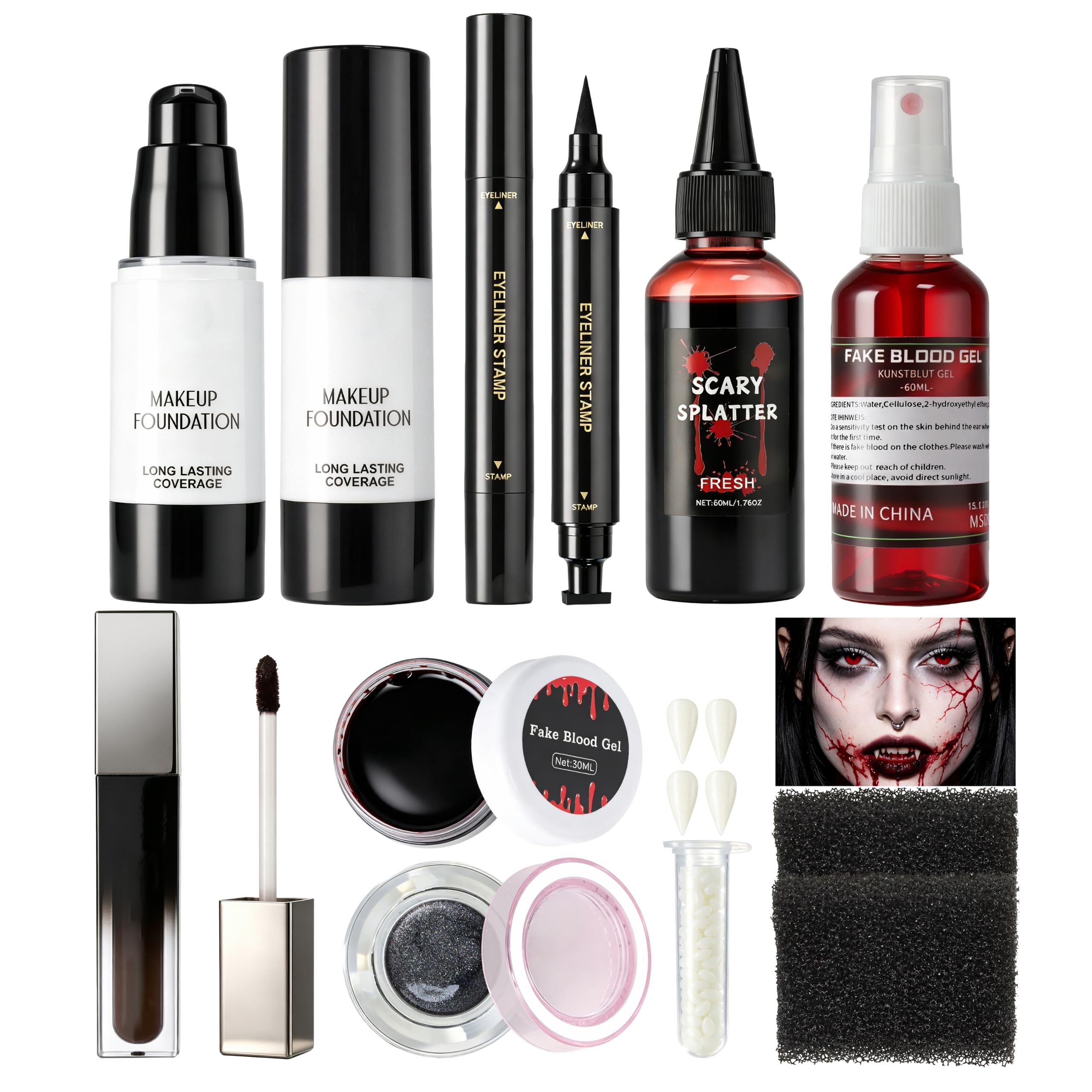 Halloween SFX Makeup Kit, Complete Horror Makeup Set with White Foundation, Eyeliner, Lip Gloss, Eyeshadow, Fake Blood, Vampire Teeth, Vampire Fangs for Vampire Witch Clown Zombie Cosplay Vampire Makeup Kit
