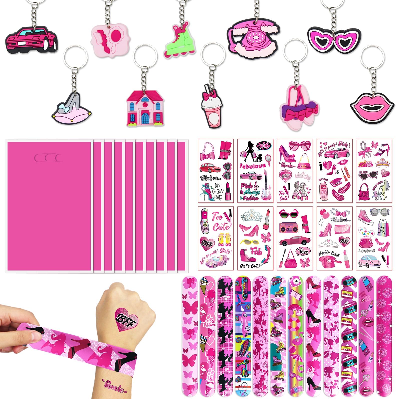 42Pcs Pink Party Bag Fillers for Kids, Kid's Party Favours with Slap Bands Stickers Keychains Gift Bags Assorted Pinata Toys for Boys Girls Birthday Gifts