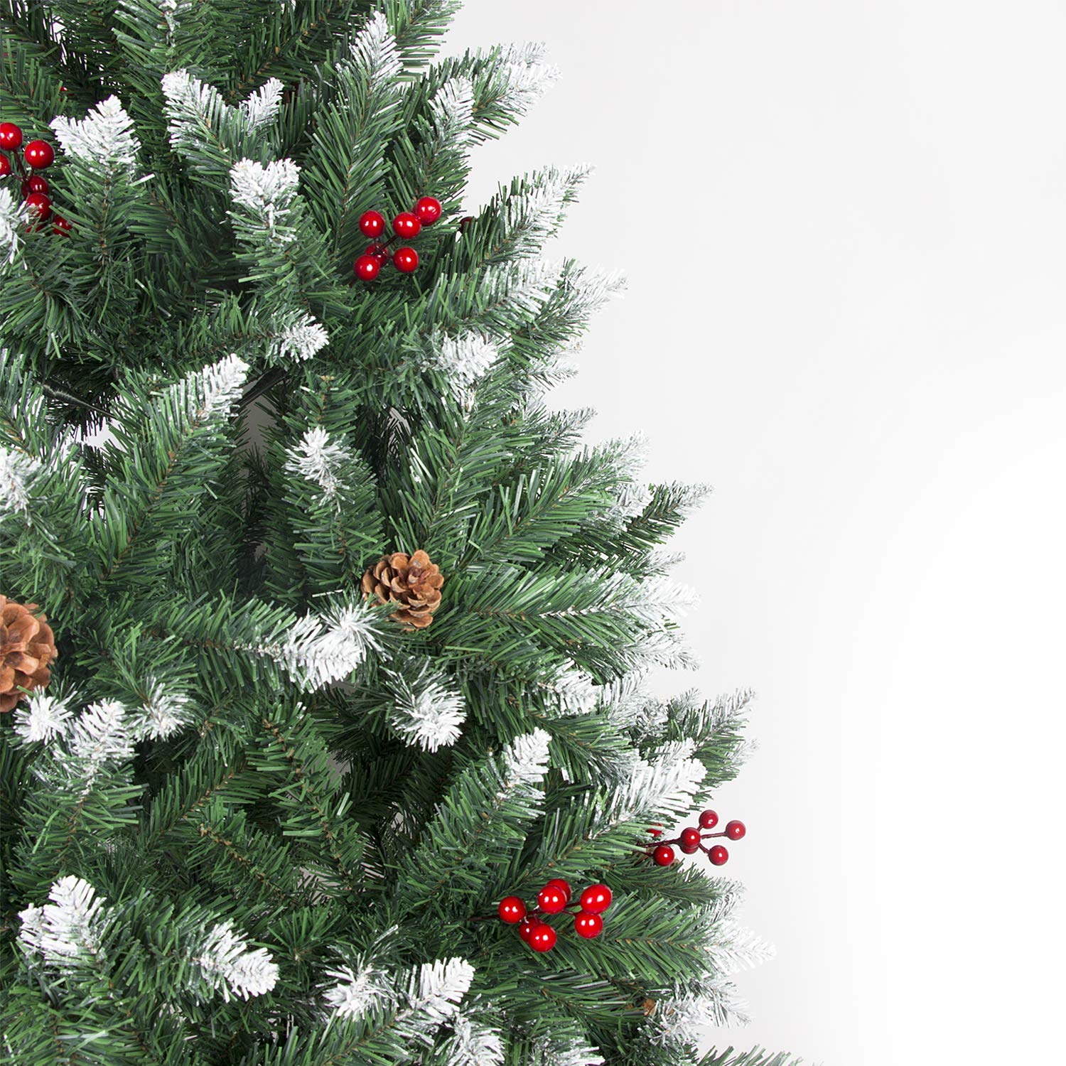 Weihnachtsbaum künstlich, 120/150/180/210 cm mit Tannenzapfen, Tannenbaum mit Schnee-Effekt und rote Beere Deko, beschneiten Spitzen und Kunsttanne mit Metallständer (180cm)