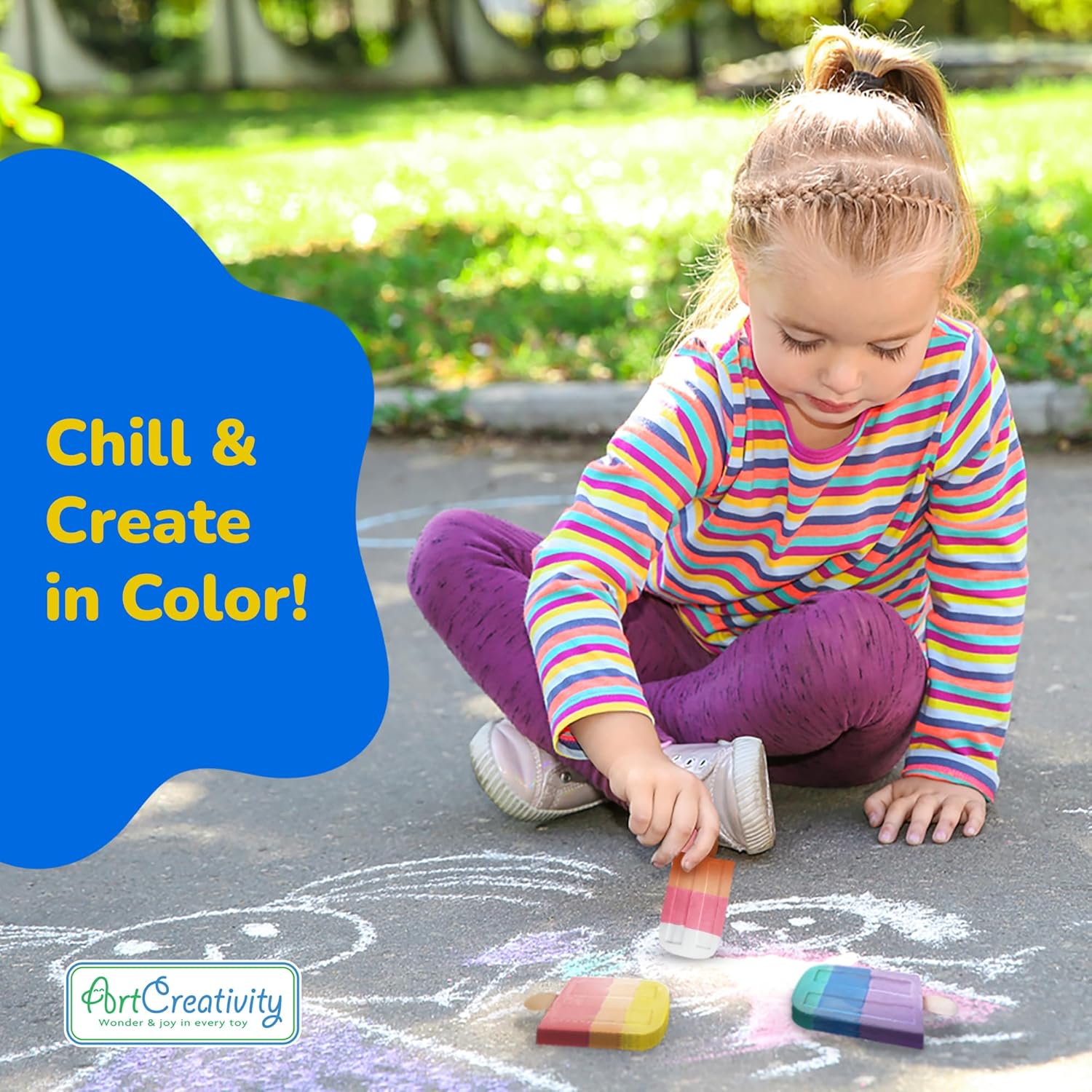 ArtCreativity Popsicle Chalk - Set of 3 - Popsicle Shaped Sidewalk Chalks - Washable Chalk for Kids Outdoor Painting Activities - Non-Toxic Colorful Chalkboard Chalk - Classroom Prize Art Supply Set