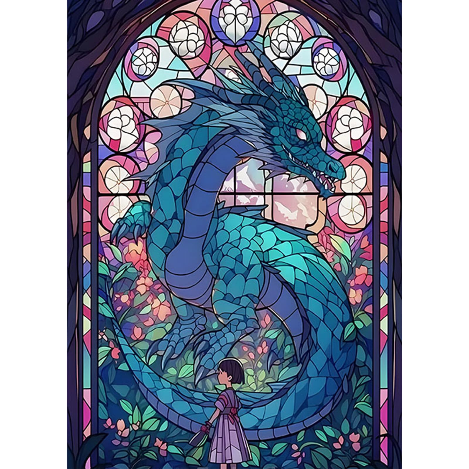 SENQAO 5D Diamond Painting Kits Dragon Stained Glass DIY Diamond Full Round Drill Diamond Art for Adults Flowers Diamond Art Full Drill Crystal Craft Kit for Wall Decor 12x16inch