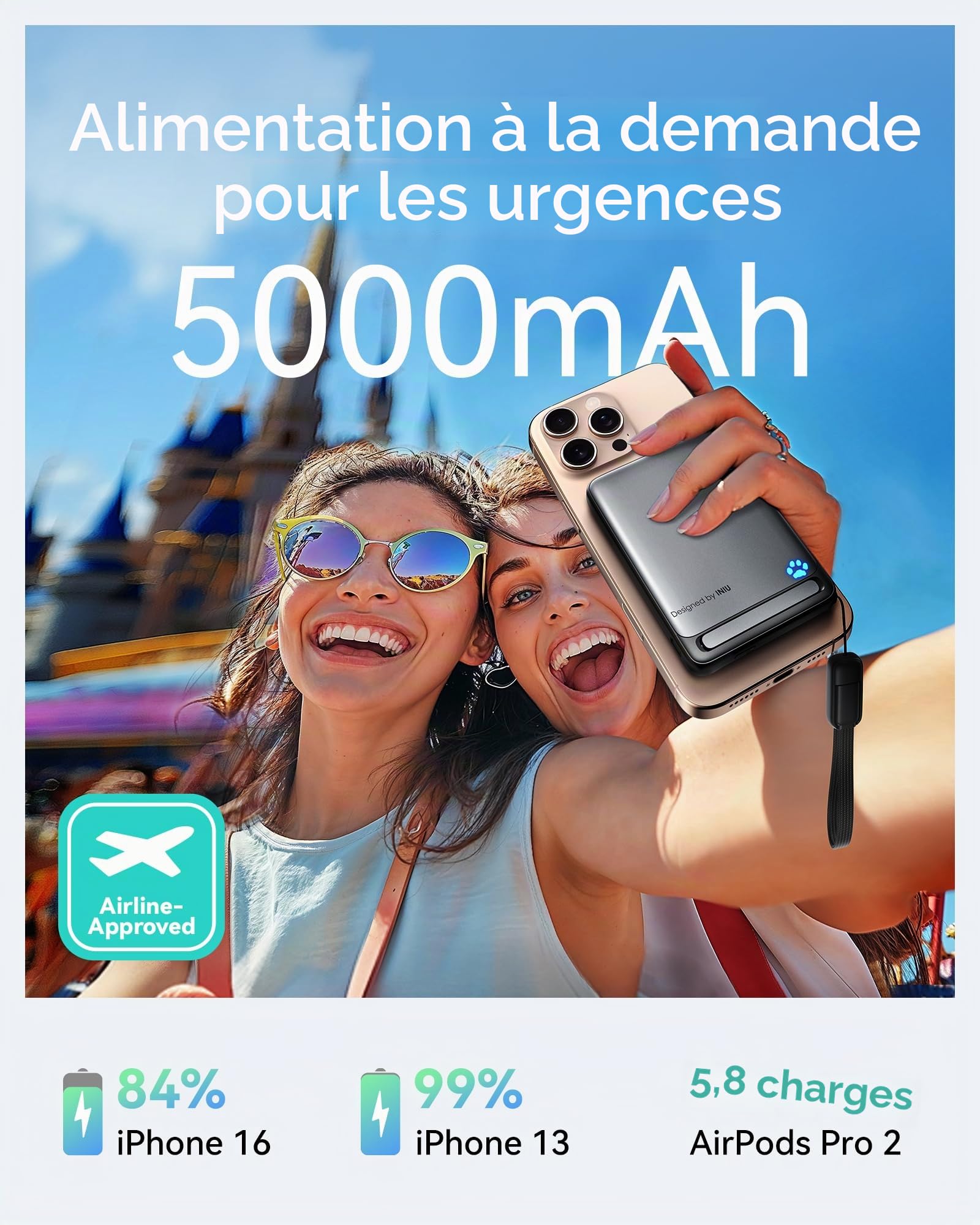 INIU Qi2-Certificat 20W Batterie Externe, 5000mAh Magnetique Power Bank, Charge Rapide Powerbank Travel Essentials, Batterie Portable Mince Compatible avec iPhone 16 15 14 13 12 Pro Max Rose