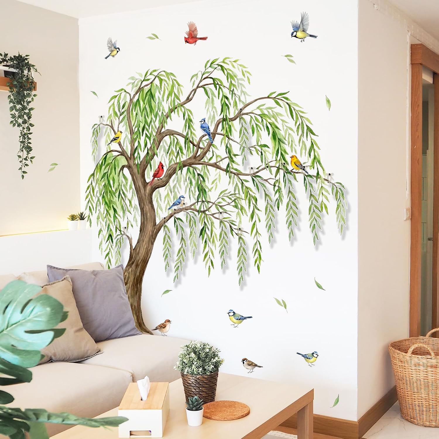 Runtoo Large Tree Wall Decals Peel and Stick 3D Green Leaves Branch Birds Wall Stickers Kids Room Classroom Bedroom Decor image 4