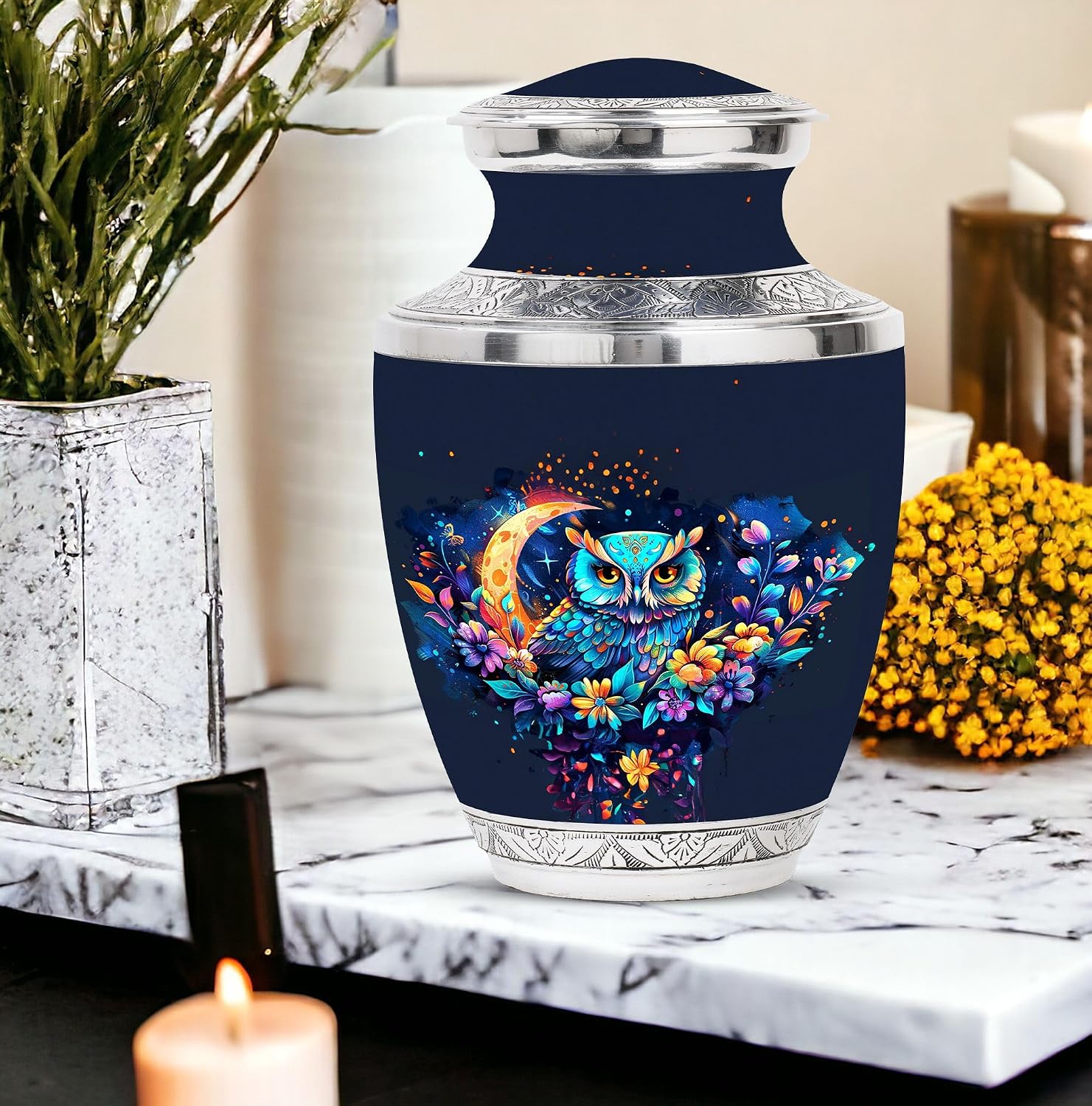 Owl in Flowers Urn, 10 Inch Urn, Large Urn for Human Ashes, Memorial Urn for Adults, Elegant Urn, Cremation Urn, Funeral Urn for Ashes, Human Ashes Urn, Owl Urn for Human Ashes