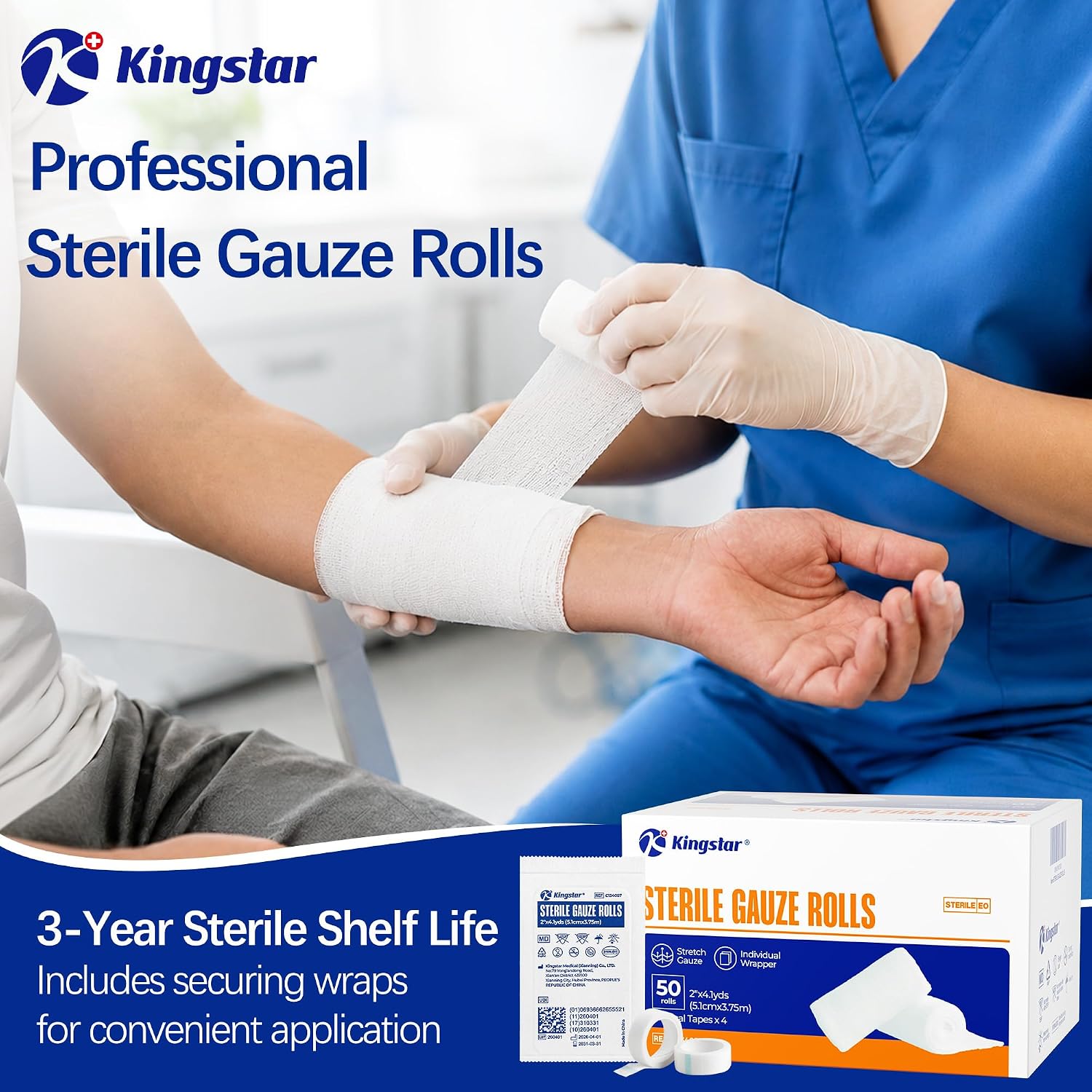 Sterile Gauze Roll 2 in x 4.1 Yards, Elastic Stretch Bandage Wrap, Breathable First Aid Gauze for Cuts, Scrapes & Wound Dressing, Sports Injury Support, Home Travel Emergency Kit, 50 Pack